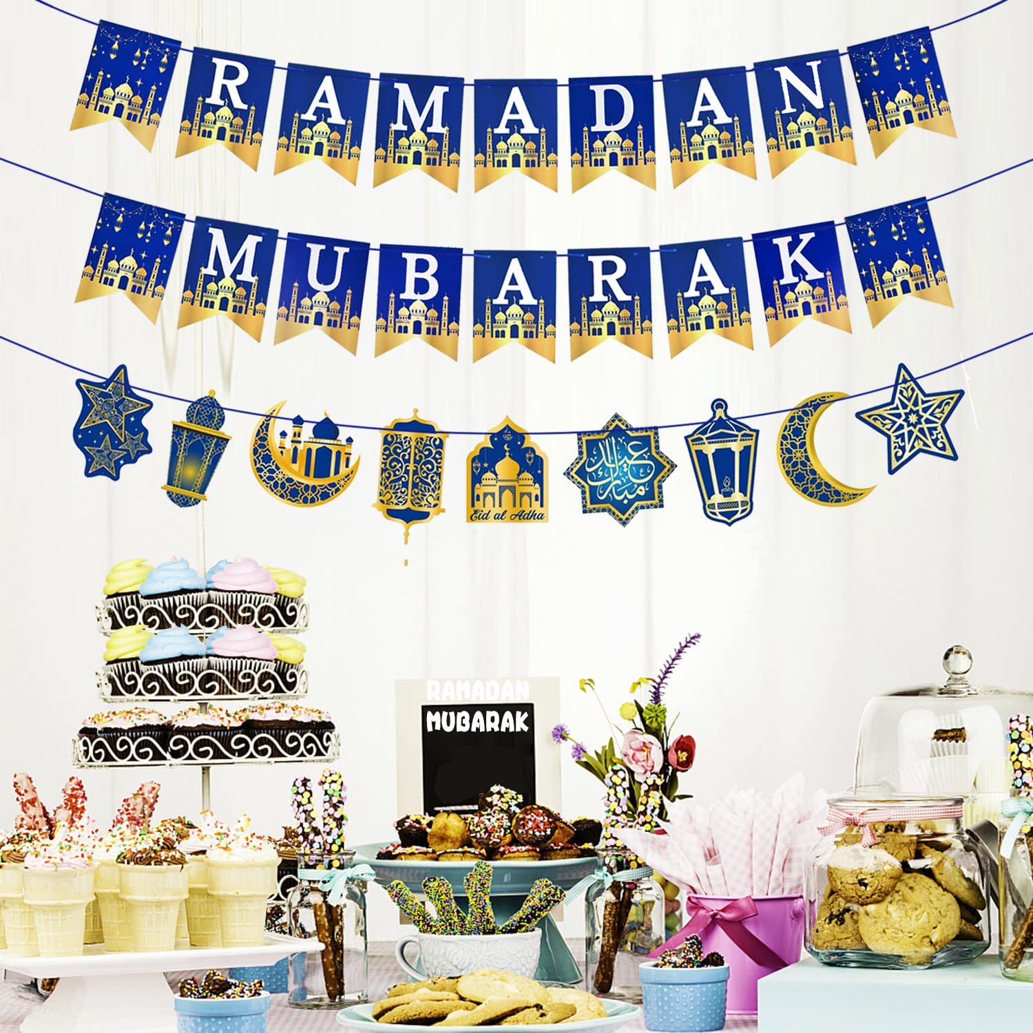 AhfuLife Ramadan Mubarak Decorations, Ramadan Mubarak Banner Bunting Ramadan Decorations for Home - Not Need DIY Ramadan Banner for Eid Mubarak Ramadan Decoration