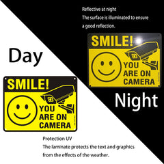 Smile Your on Camera Signs Reflective Aluminum, Pack of 2 Smile You are on Camera Sign Metal 20x30cm (A4) CCTV Sign Smile Funny Camera Signs Waterproof, UV Resistant, Durable