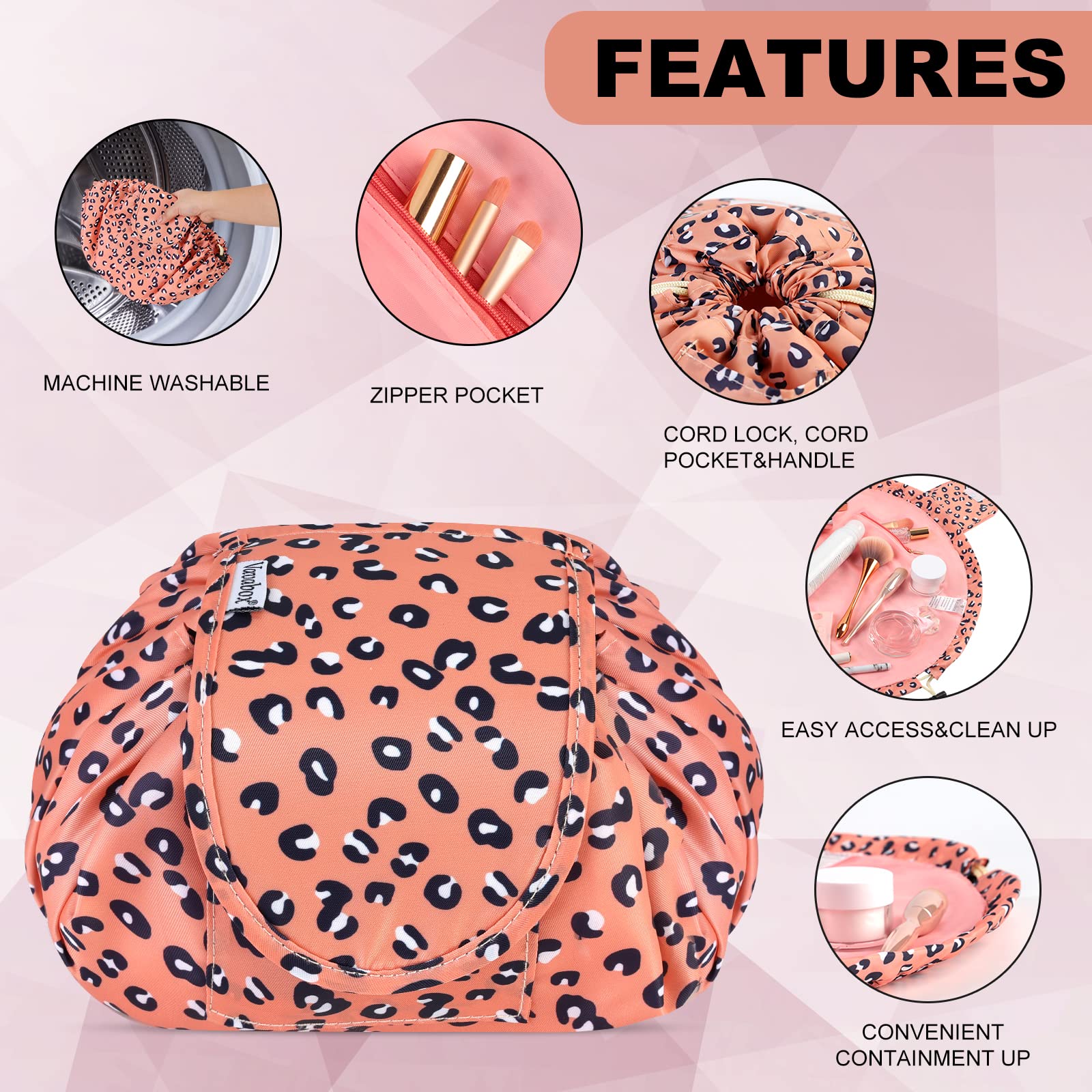 Vavabox Lazy Drawstring Makeup Bags, Large Capacity Waterproof Travel Portable Cosmetic Bag Pouch Makeup Pouch Storage Organiser for Women Girl (Pink Leopard)