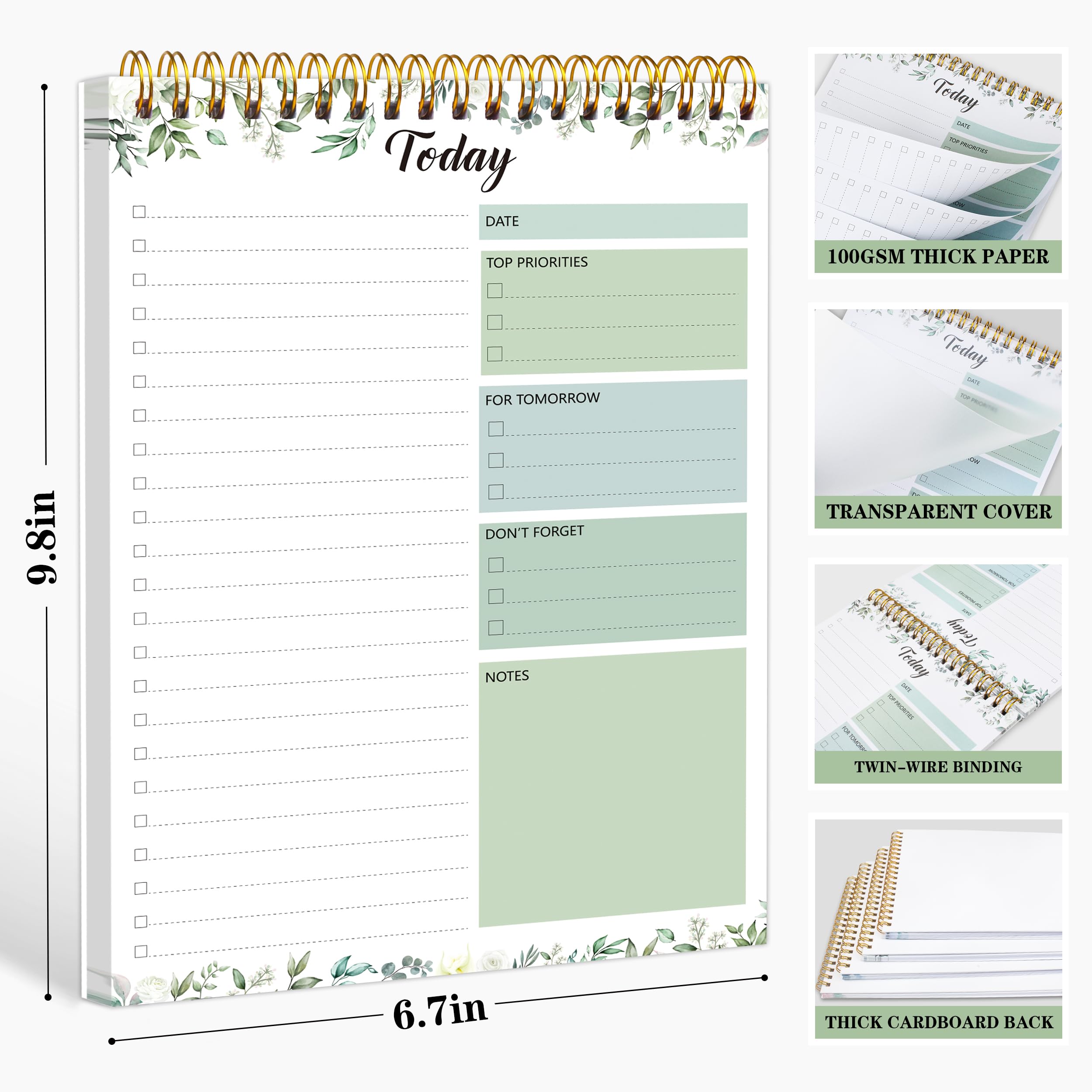 To Do List Pad - Daily Planner Notepad 104 Pages Task Planner, 6.7 inches x 9.8 inches Double Sided Spiral Notebook with Checklist Productivity Planning Pad for Work Office Home-Green