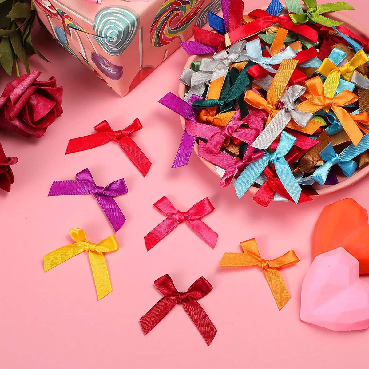 100 pcs Mini Ribbon Bows, Double Sided Satin Multicolored Ribbon Bows Flowers Appliques DIY Craft for Sewing, Scrapbooking, Wedding, Gift