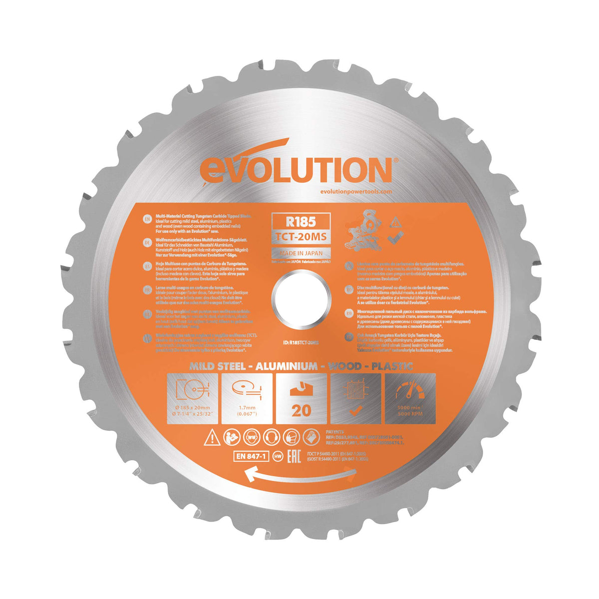 Evolution Power Tools R185TCT-20MS 185 mm Multi Material Mitre Saw Blade (AKA TCT Saw Blade, Metal Cutting Blade, Wood Blade) - Carbide Tipped Blade Cuts Wood, Metal and Plastic