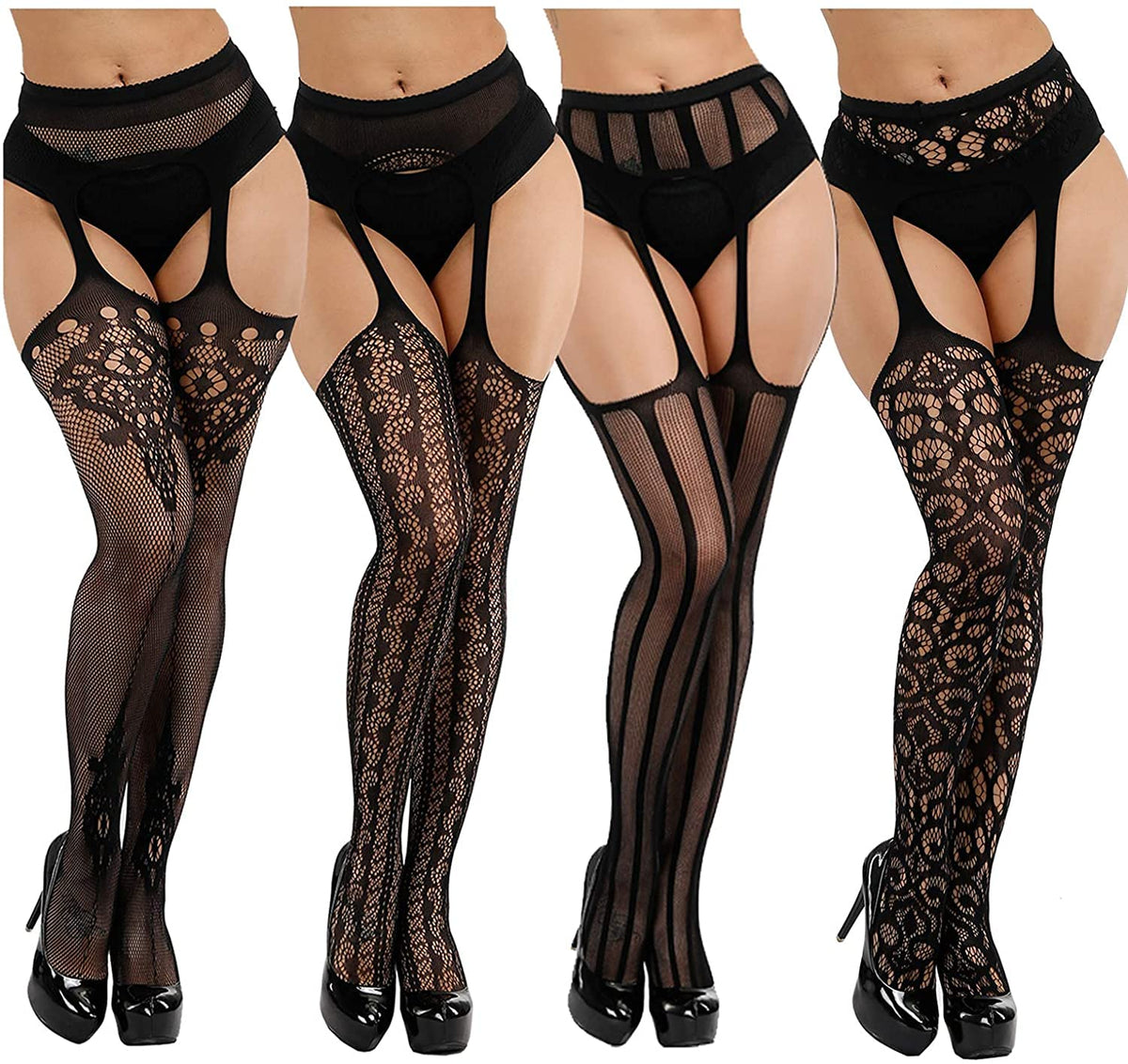 DRESHOW 4 Pairs High Waist Tights Fishnet Stockings Thigh High Stockings Pantyhose