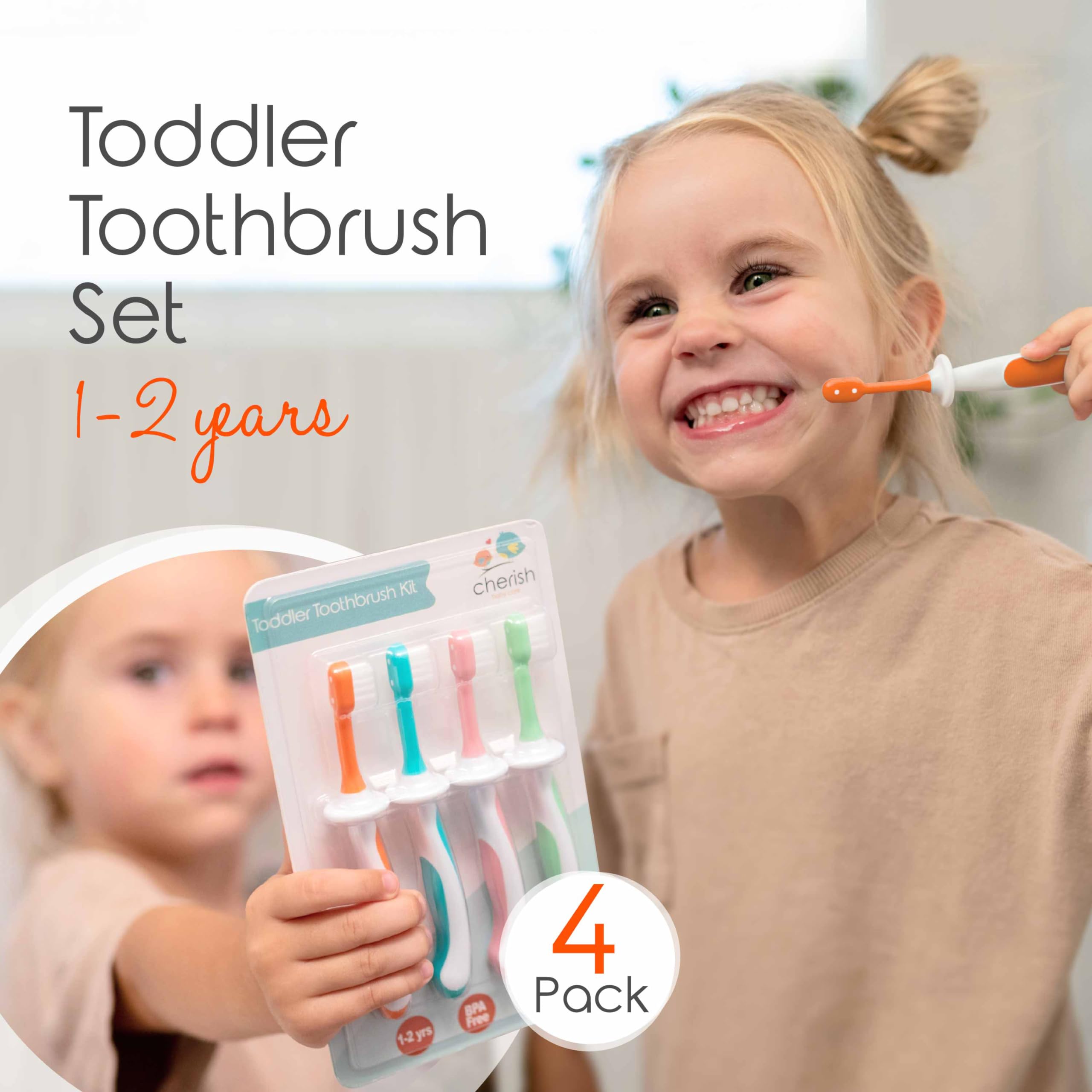 Cherish Baby Care Toddler Toothbrush Set (4-Pack) - BPA-Free & Safety-Tested Kids Toothbrush for 1 Year Old Toddler, Designed by a Paediatric Dentist, Soft-Grip Toothbrush Toddler 1-2 Years (Multi)