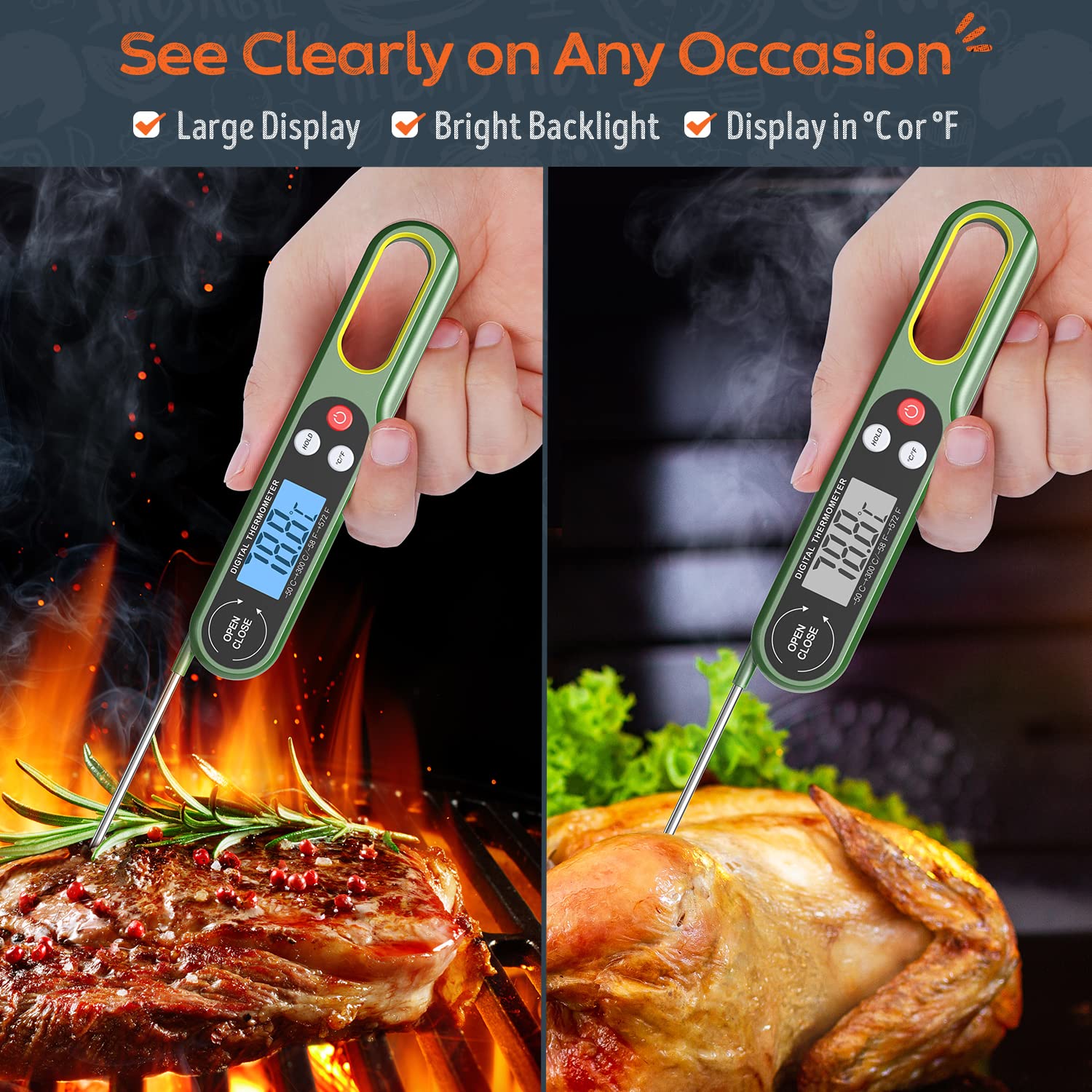 Digital Meat Thermometers for Air Fryers Cooking, Food Thermometer Instant Read BBQ Cooking Thermometer with Foldable Long Probe and Backlight Screen Magnetic Back for Kitchen,Milk(Battery Included)