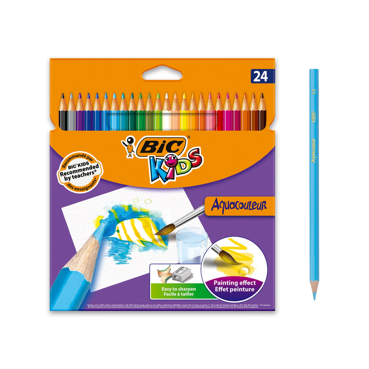 BIC Kids Aquacolour Coloured Pencils, Easy to Sharpen Colouring Pencils, Painting Effects, Back to School Supplies, BIC Pencils for School, 24 Pack