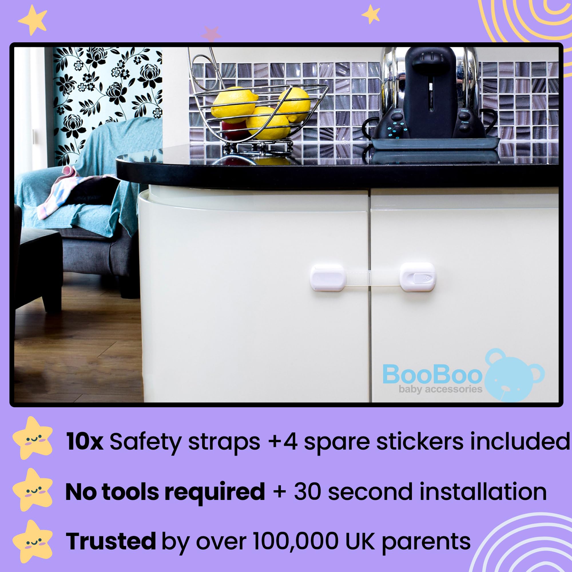 BooBoo® (10 PACK) Premium Cabinet Locks Baby Proofing, Child Proof Cabinet Locks with 3M Adhesive, Drawer Locks Baby Proofing Cabinets with No Drilling, 3M Adhesive and 4 Extra Stickers