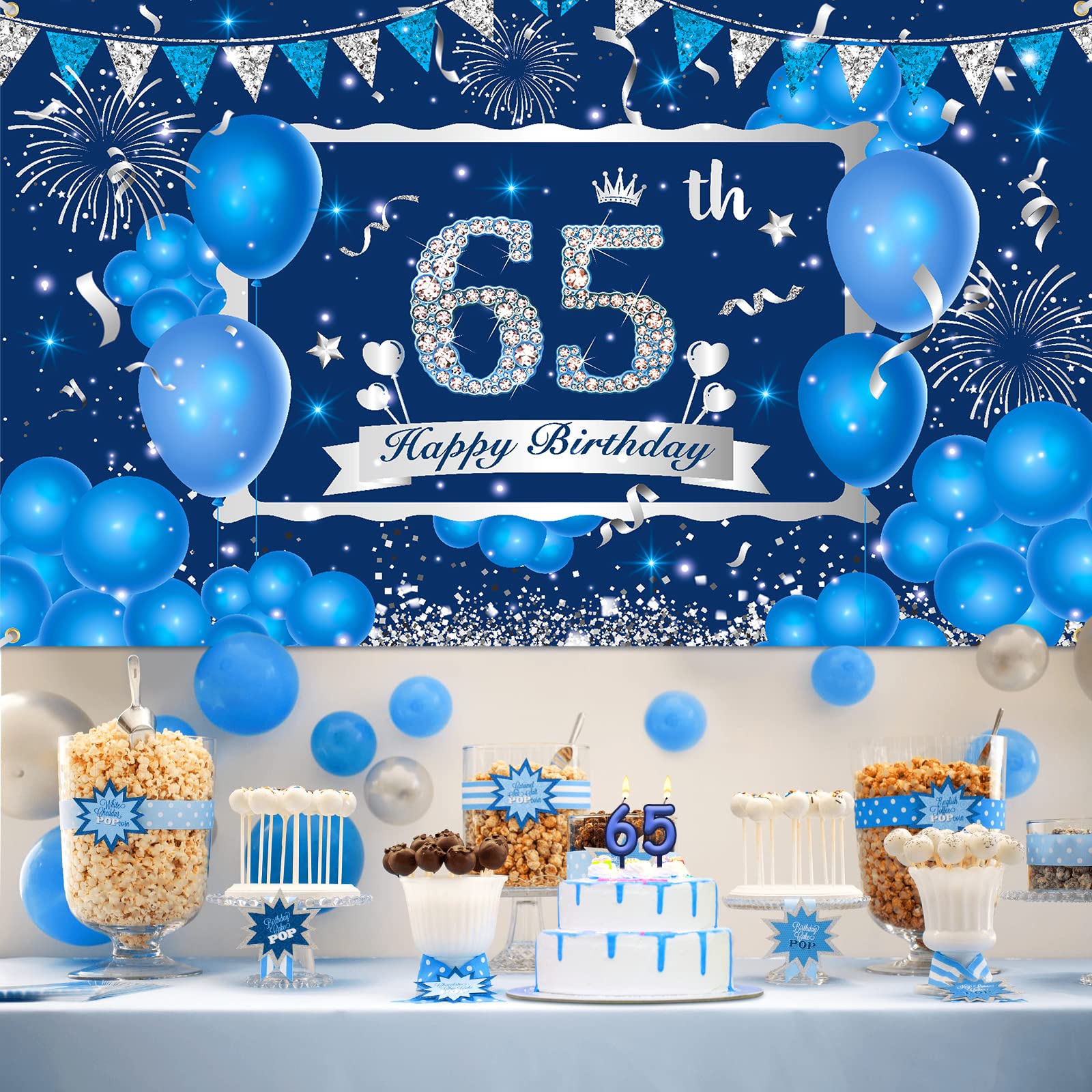 Blue 65th Birthday Decorations Banner for Men Women, Navy Blue Silver Happy 65th Birthday Banner Backdrop, Large Blue 65th Birthday Banner for 65th Birthday Anniversary Party Decorations Supplies