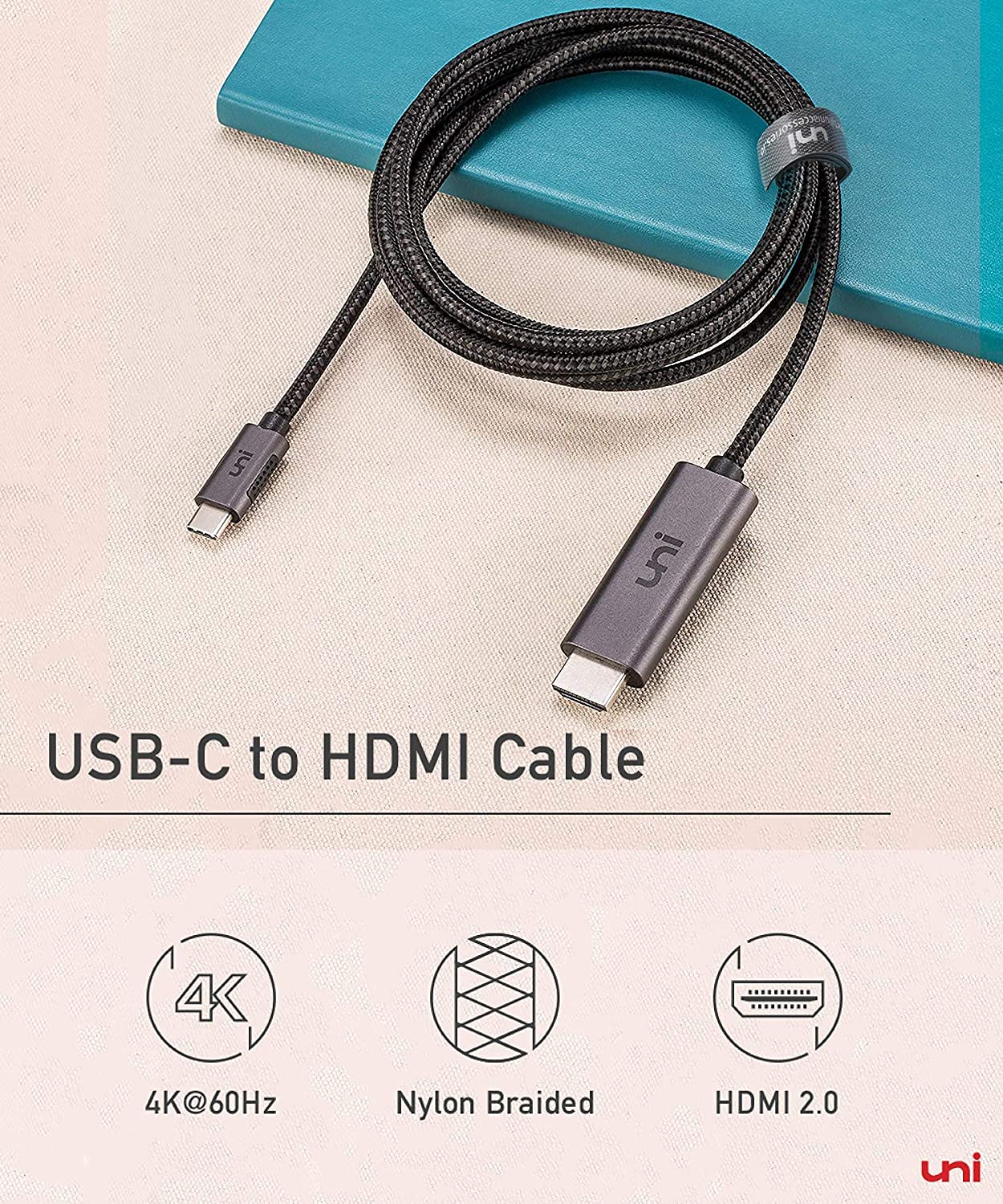 uni USB C to HDMI Cable (4K@60Hz, 2K@120Hz) Type-C to HDMI 2.0 [Thunderbolt 4/3 Compatible] for MacBook Pro/Air, iPhone 15 Series, iPad Pro, Surface Pro, Pixel Book, Galaxy S10, and More-Grey-1m