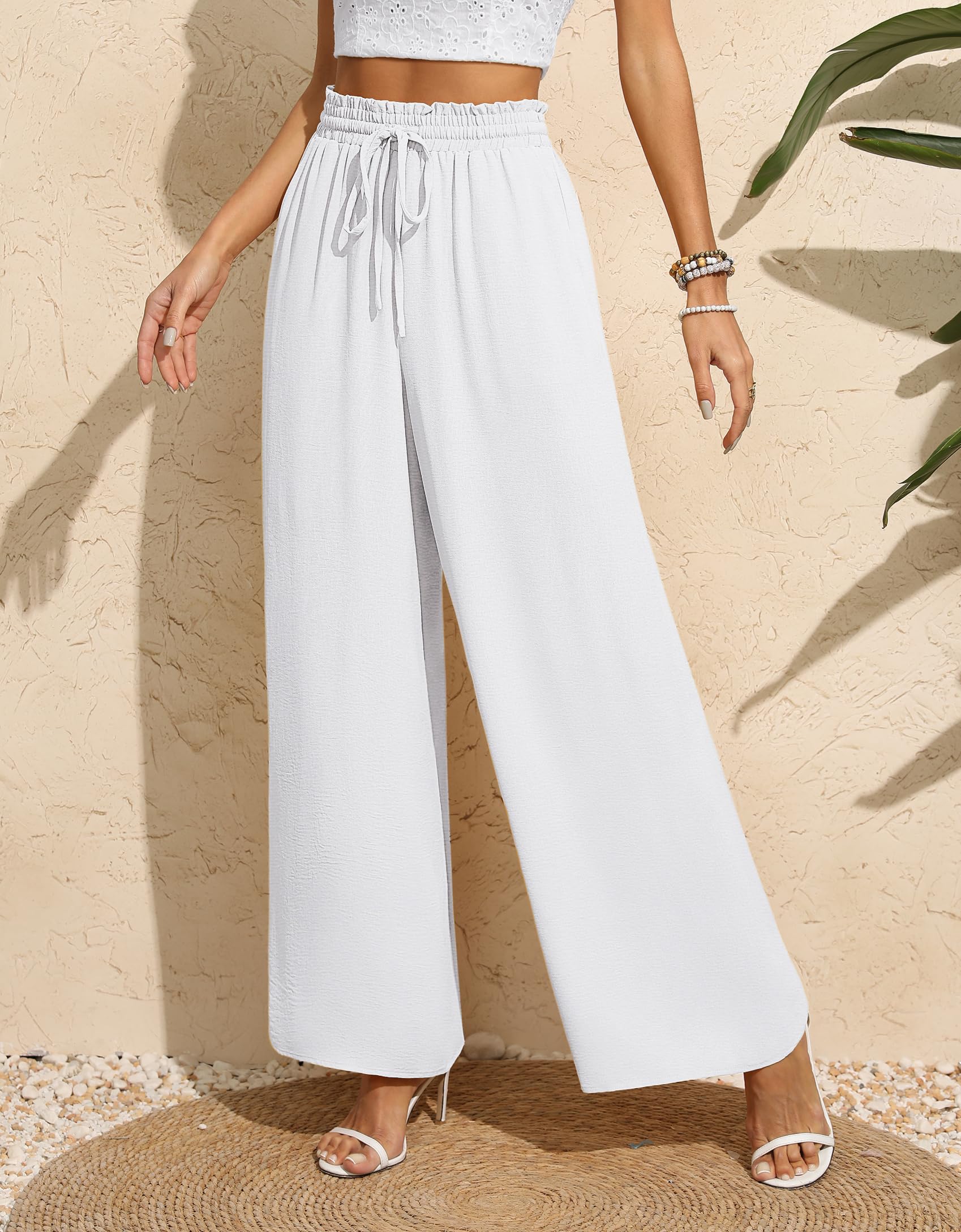 BEIGAI Wide Leg Trousers for Women Lounge Comfy Elastic High Waisted Drawstring Pants Ladies Summer Trousers with Pockets,White,XXL