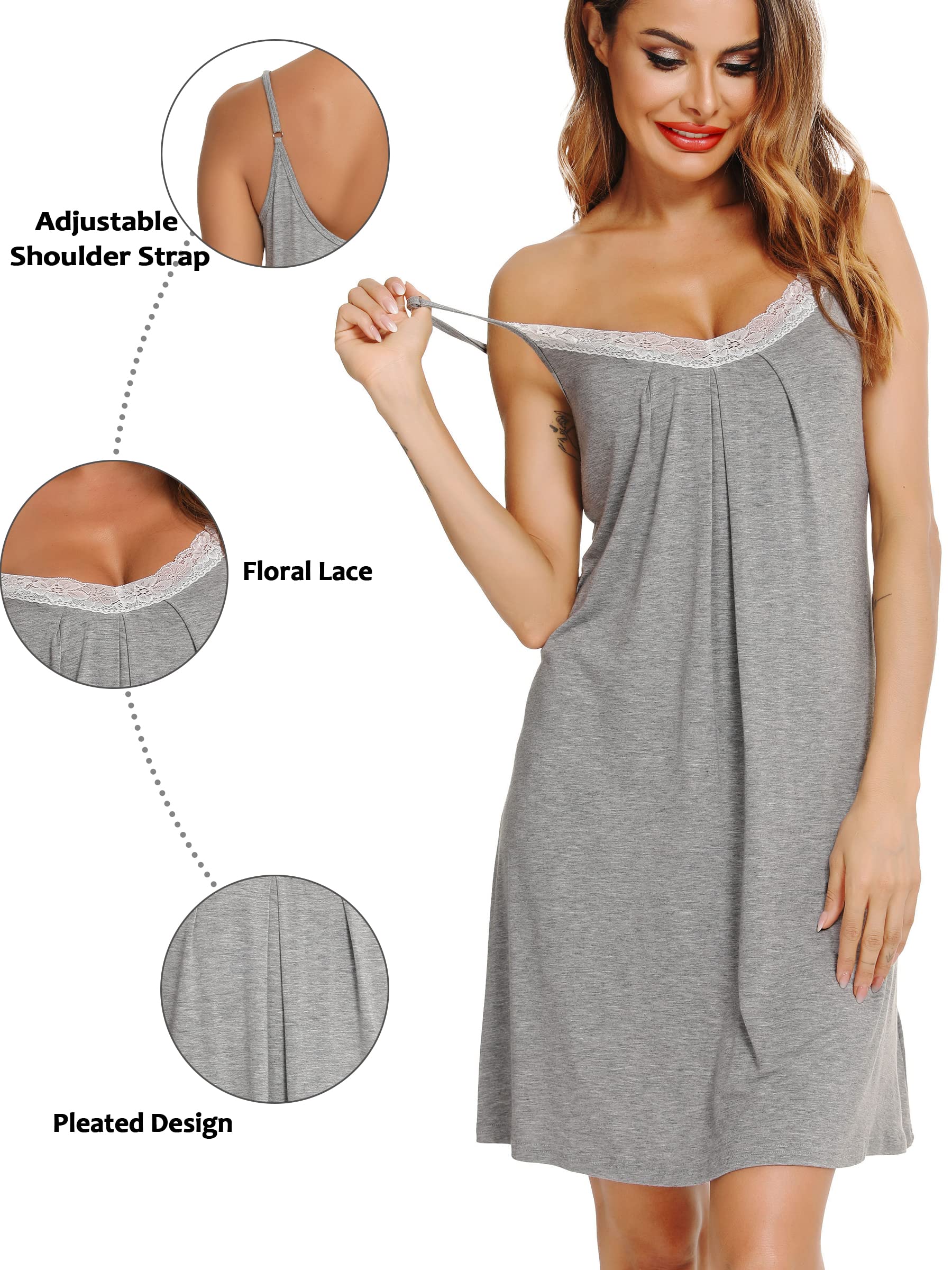 Lovasy Women's Nightdresses Soft Nighties for Women Night Dress with Lace Ladies Nightdresses Nightwear Chemise Nighties for Women Strap Negligee,Light Gray,XL