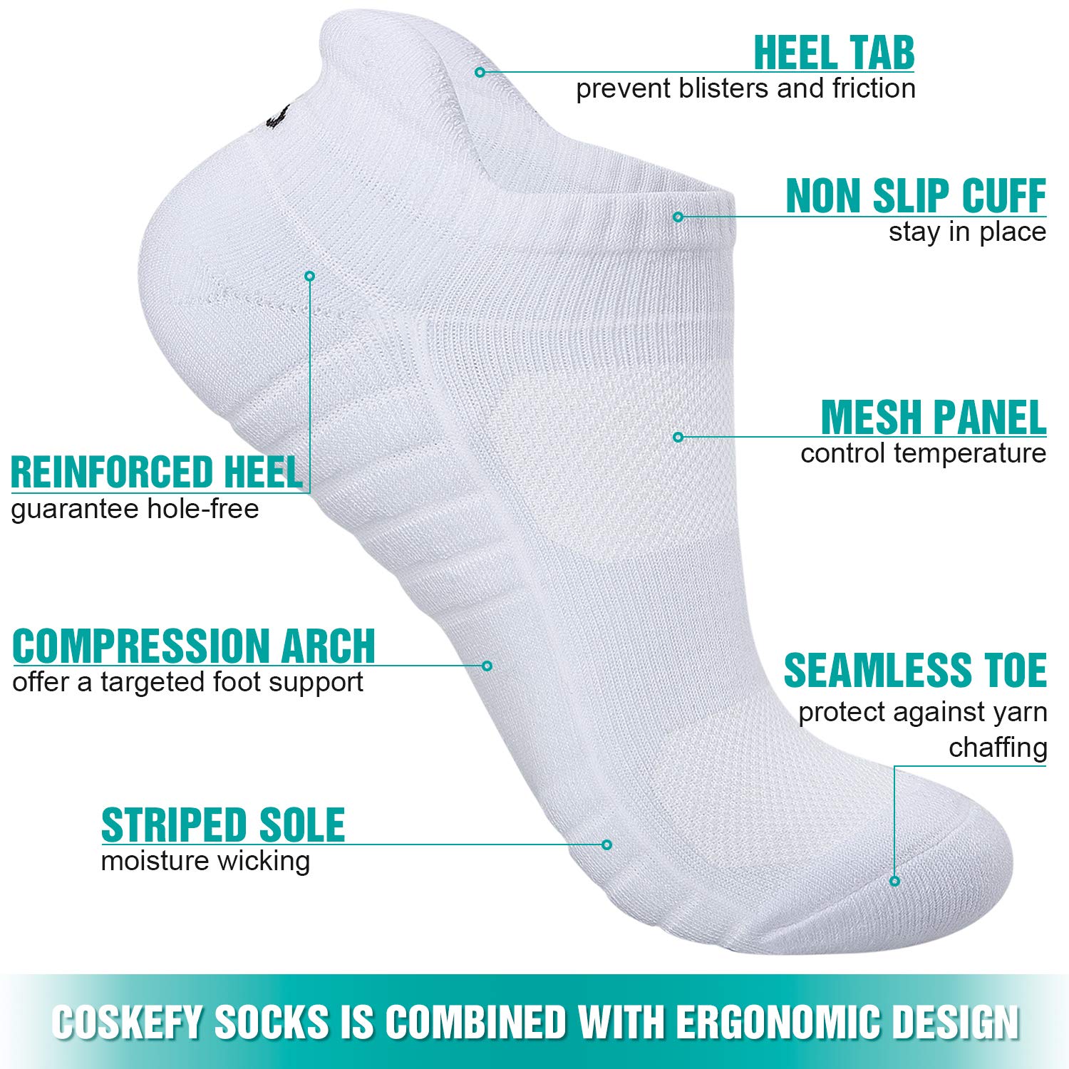 coskefy Running Socks Thick Cushion Ankle Socks Anti-Blister Cotton Trainer Socks Short Athletic Sports Socks for Men Women (6 Pairs)