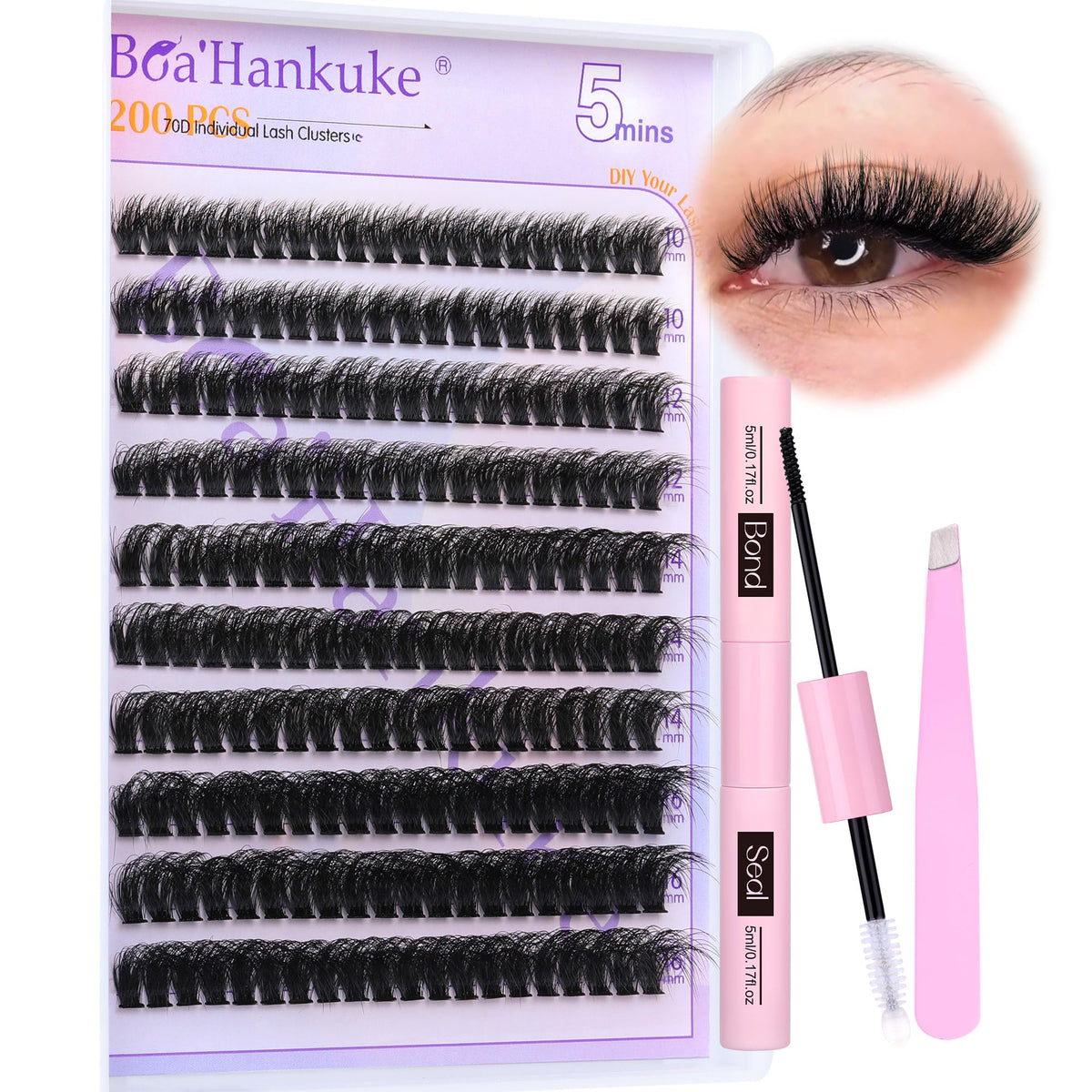 Boahankuke Cluster Lashes Extension Kit D Curl individual Eyelash Extension Kit Fluffy Lash Clusters Kit Volume Eyelashes with Bond and Seal Lash Glue, Lash Tweezers(200PCS,70D,10-16MM)