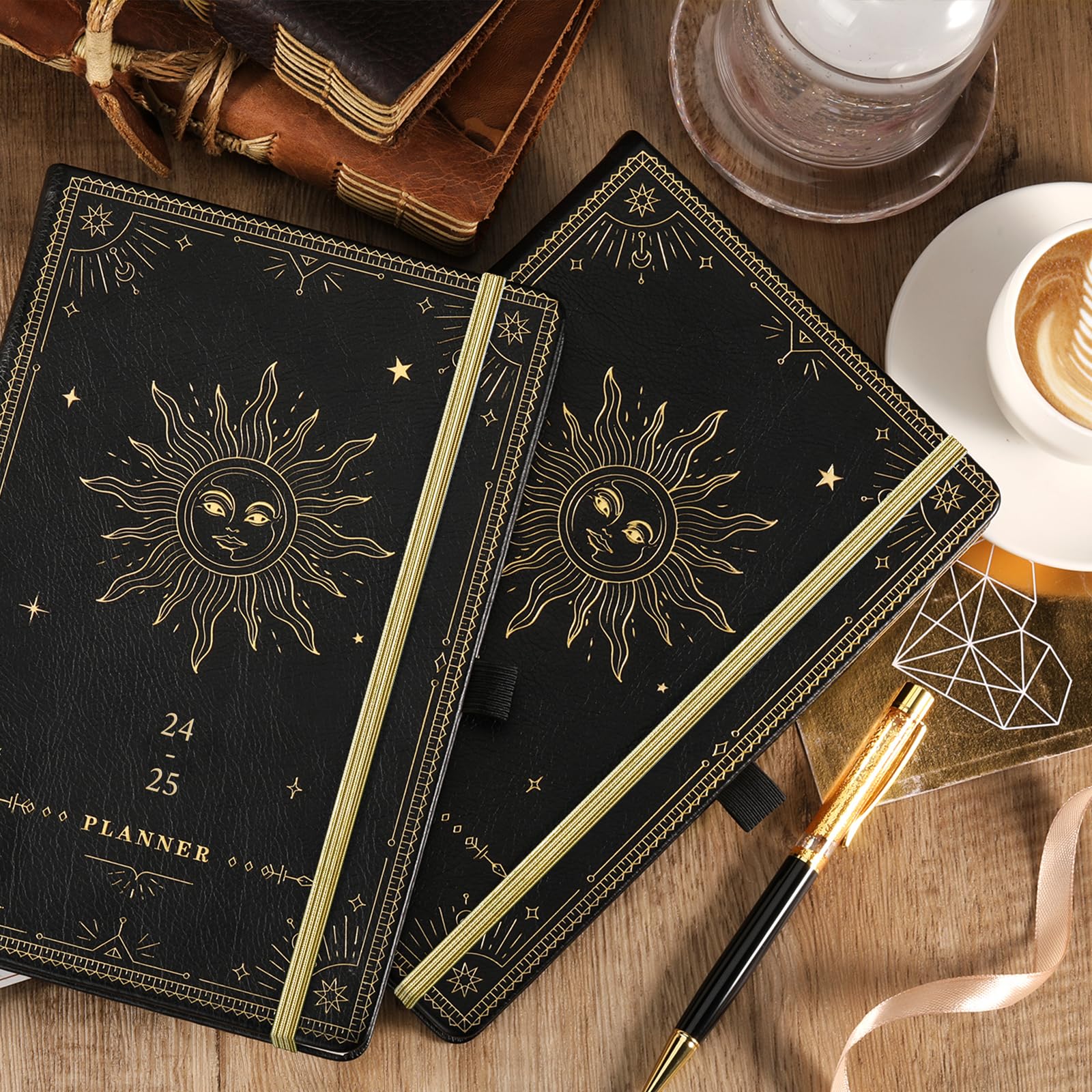 Academic Diary 2024-2025 - Diary 2024-2025 Week to View, July 2024 - June 2025 12 Months, Premium Leather Cover, Gold Stamp, Accordion Pocket, Gift Box, 25 Note Pages, Black