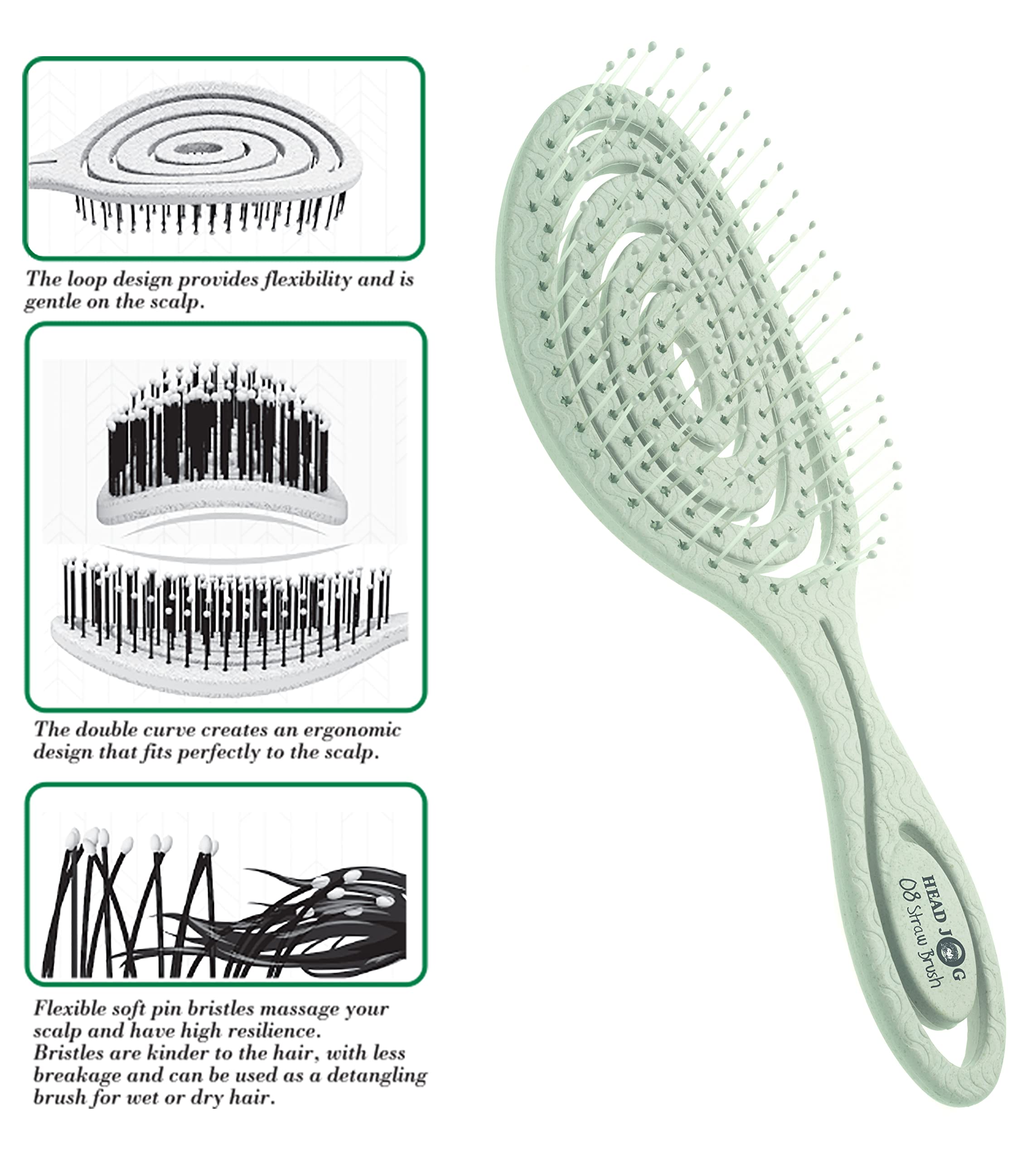 Head Jog 08 Paddle Brush Flexible Soft Pin Bristles, Detangling Wet Or Dry Hair. Gentle Brushing Hairbrush. Detangling Brush Curly & Wavy. (Original Collection Sage).