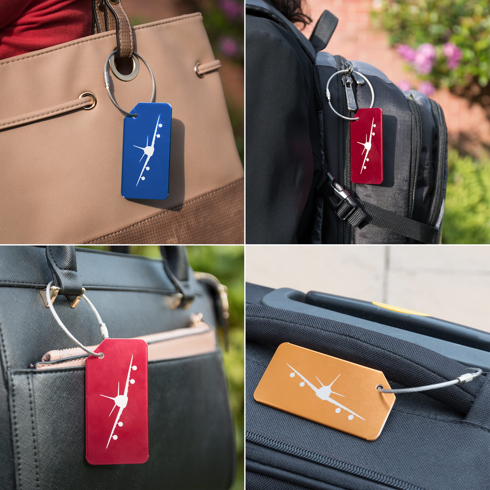 Pack of 5 ACE Strong Aluminium Luggage Tags, Secure, Easy to Spot, Privacy, Variety of Colours, Strong Steel Cable