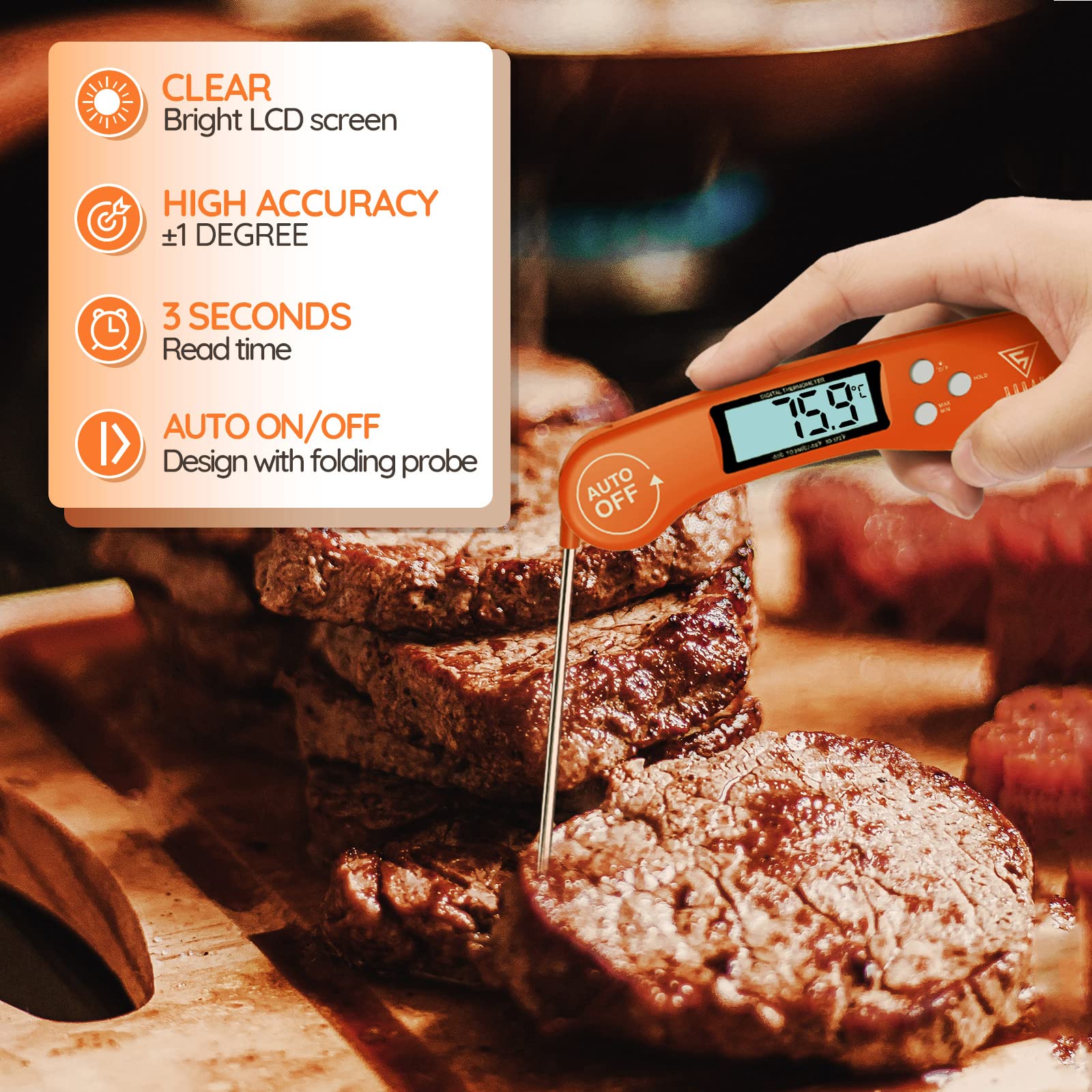 DOQAUS Food Thermometer, Instant Read Meat Thermometers, Digital Cooking Thermometer, Backlight LCD Screen Foldable Long Probe & Auto On/Off, Perfect for Kitchen Cooking, BBQ, Water,Meat, Milk(Orange)