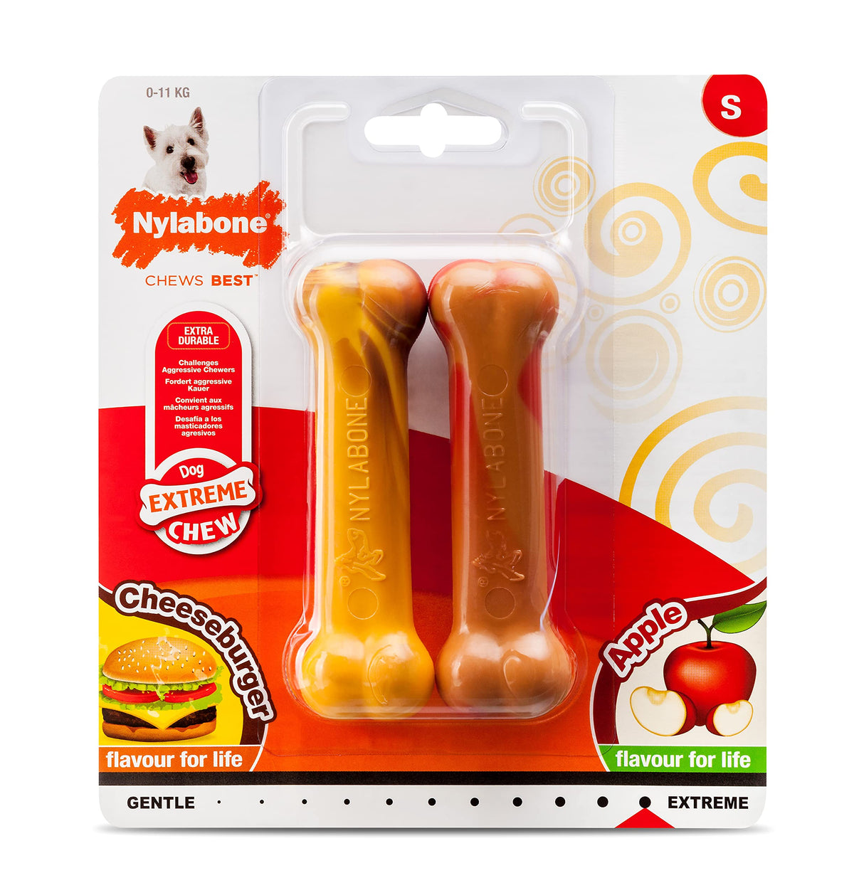 Nylabone Extreme Tough Dog Chew Toy Bones, Cheeseburger & Apple Flavour, 2-piece, Small, For Dogs Up To 11 kg