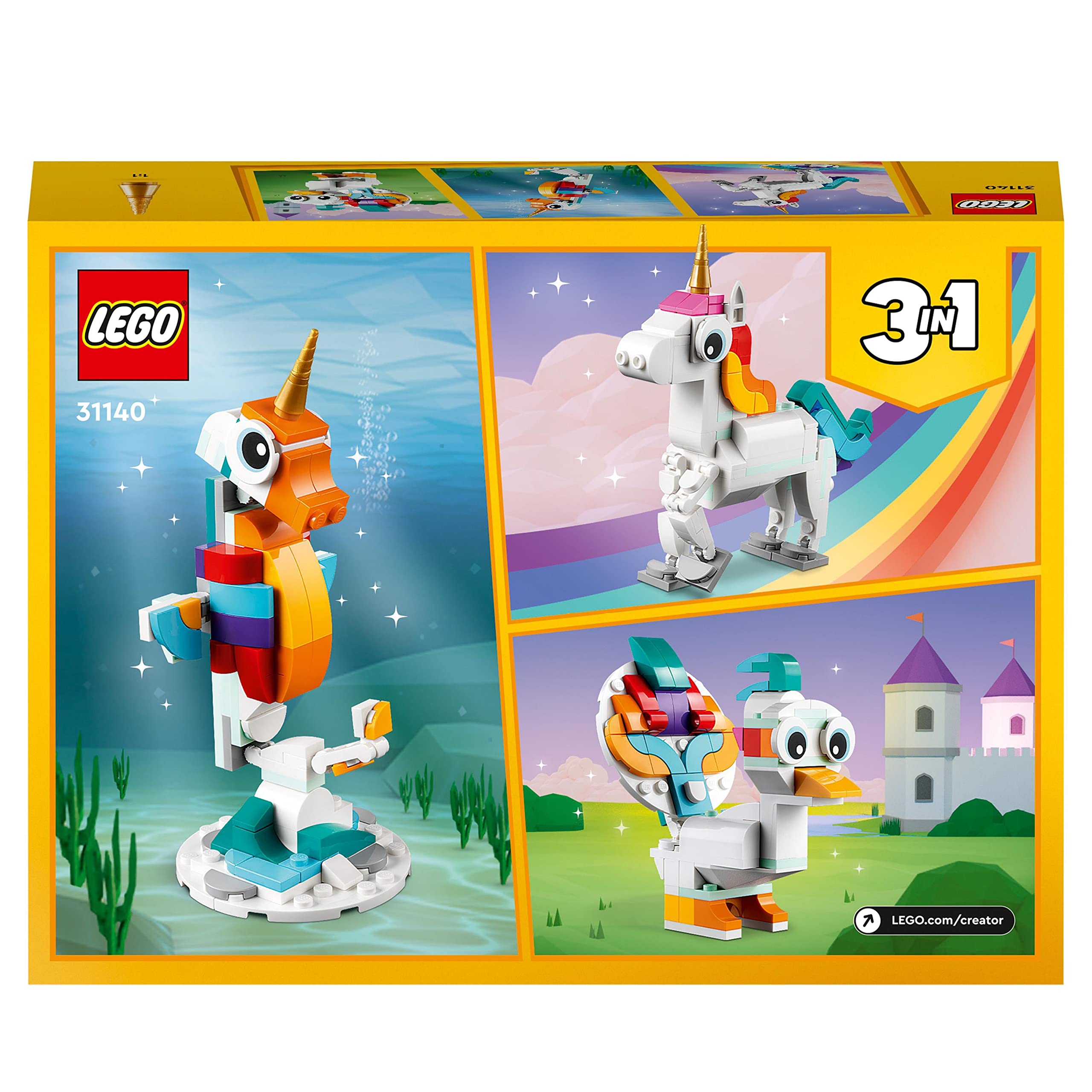 LEGO 31140 Creator 3 in 1 Magical Unicorn Toy to Seahorse to Peacock, Rainbow Animal Figures, Unicorn Gift for Girls and Boys, Buildable Toys