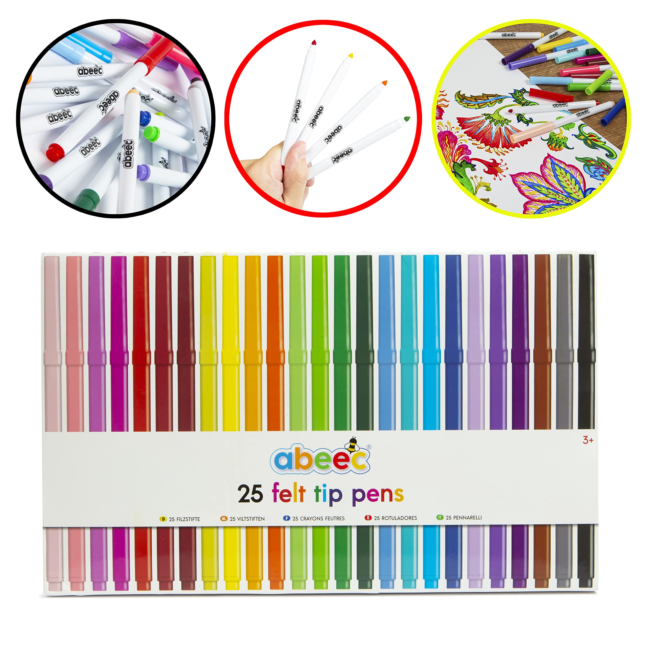 abeec Felt Tip Pens – Set of 25 Assorted Felt Tips for Kids 3and - 25 Different Coloured Pens in a Box – Colouring Set for Arts and Crafts Supplies