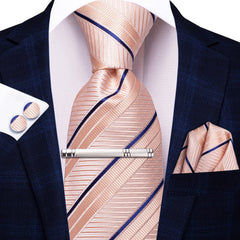 Hi-Tie Blush Pink and Blue Strip Ties for Men Silk Woven Tie and Hanky Cufflinks Tie Bar Set Formal Necktie Wedding Prom