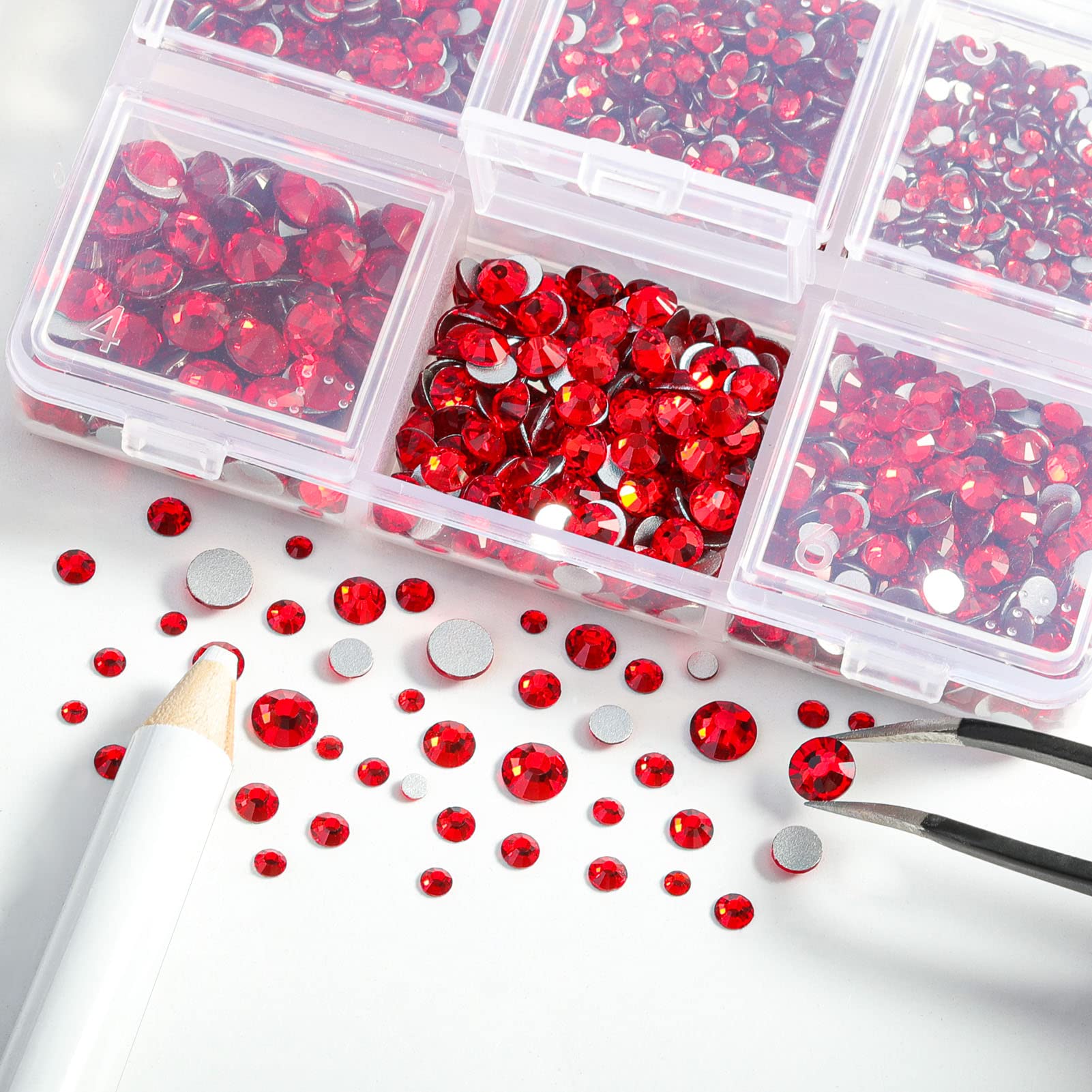 Beadsland 4300pcs Flatback Rhinestones,Light Red Rhinestones Nail Gems Round Crystal Rhinestones for Crafts,Mixed 6 Sizes with Picking Tweezers and Wax Pencil Kit, SS6-SS20,Light Siam