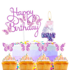 Happy 5th Butterfly Birthday Candles, Pink Purple Number 5 Candle with Butterfly Cake Cupcake Topper for Girls, 5th Birthday Cake Decorations, Cute 5th Birthday Cake Topper for Butterfly Theme Party