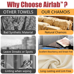 Airlab 2 Pcs Chamois Leathers for Car 60x40 cm, Large Shammy Cloth Absorbent Car Drying Towel Natural Leather Lint Free Streak Free for Auto Detailing, Glasses, Mirrors, Windows and Kitchen