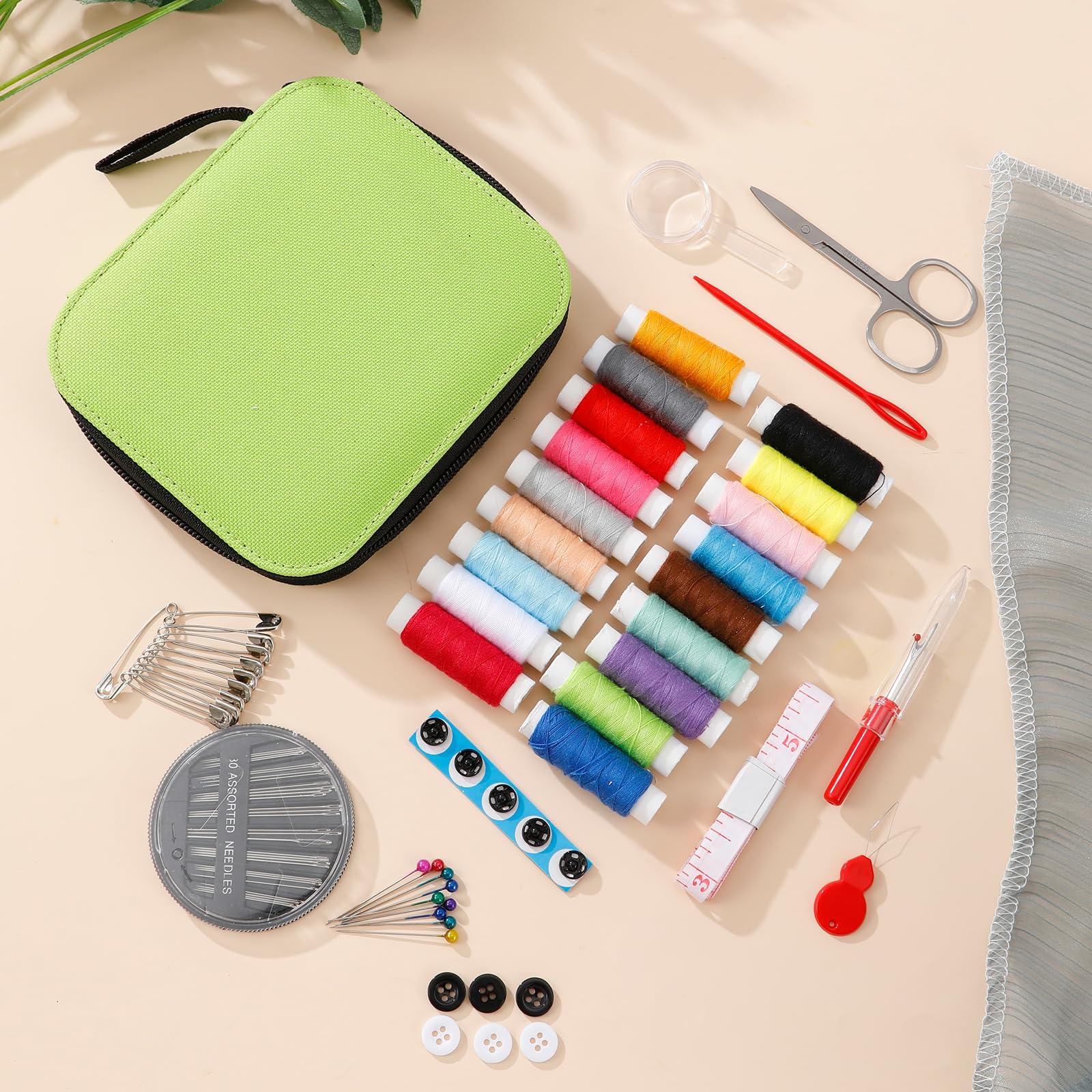 JUNING Sewing Kit with Case Portable Sewing Supplies for Home Traveler, Adults, Beginner, Emergency, Kids Contains Thread, Scissors, Needles, Measure (B-Nomal-Green)