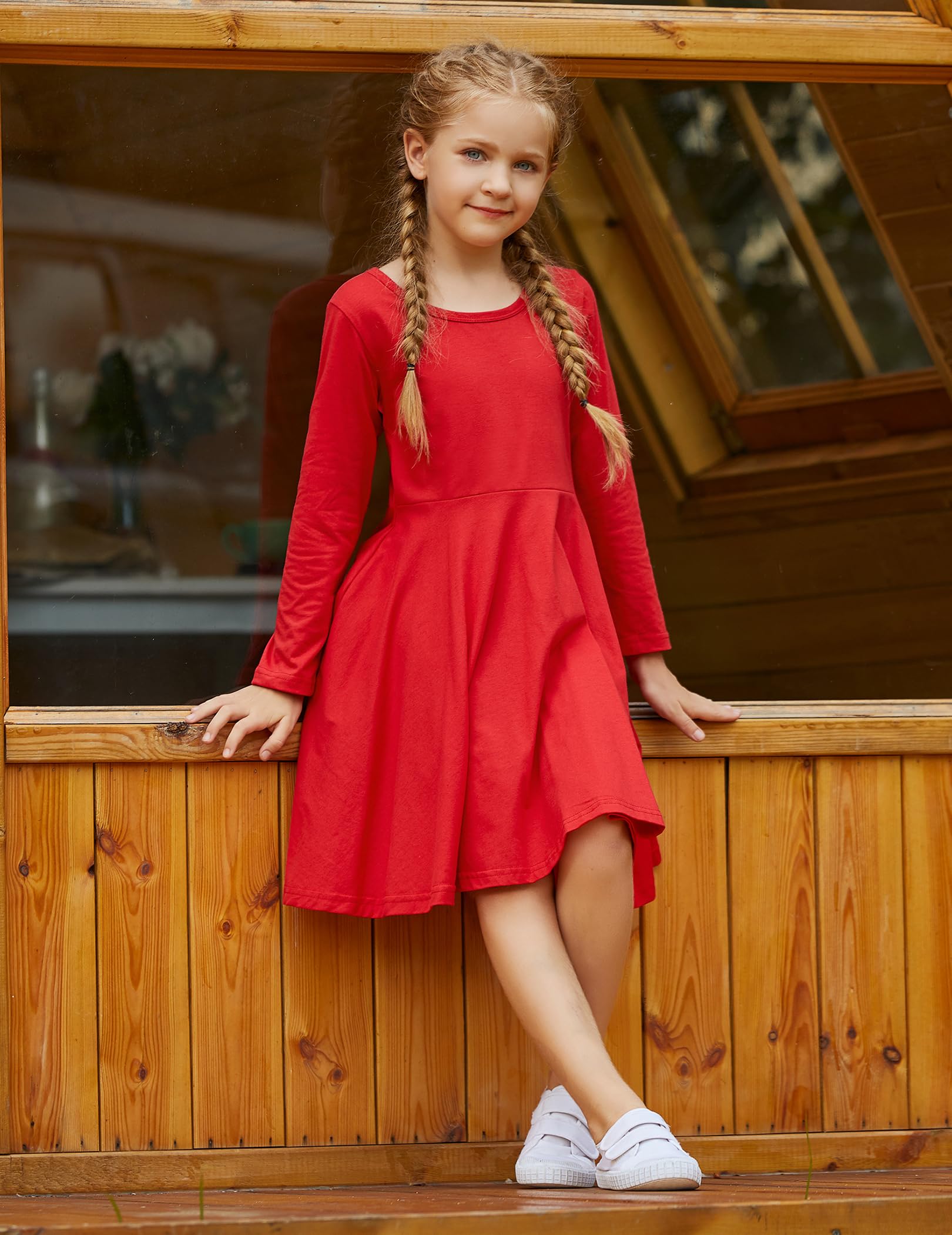 trudge Dresses Girls Long Sleeve Dress Red Children's Dress A-Line Christmas Dress Festive Dress Party Dress Swing Skater Dress 160/14-13 Years