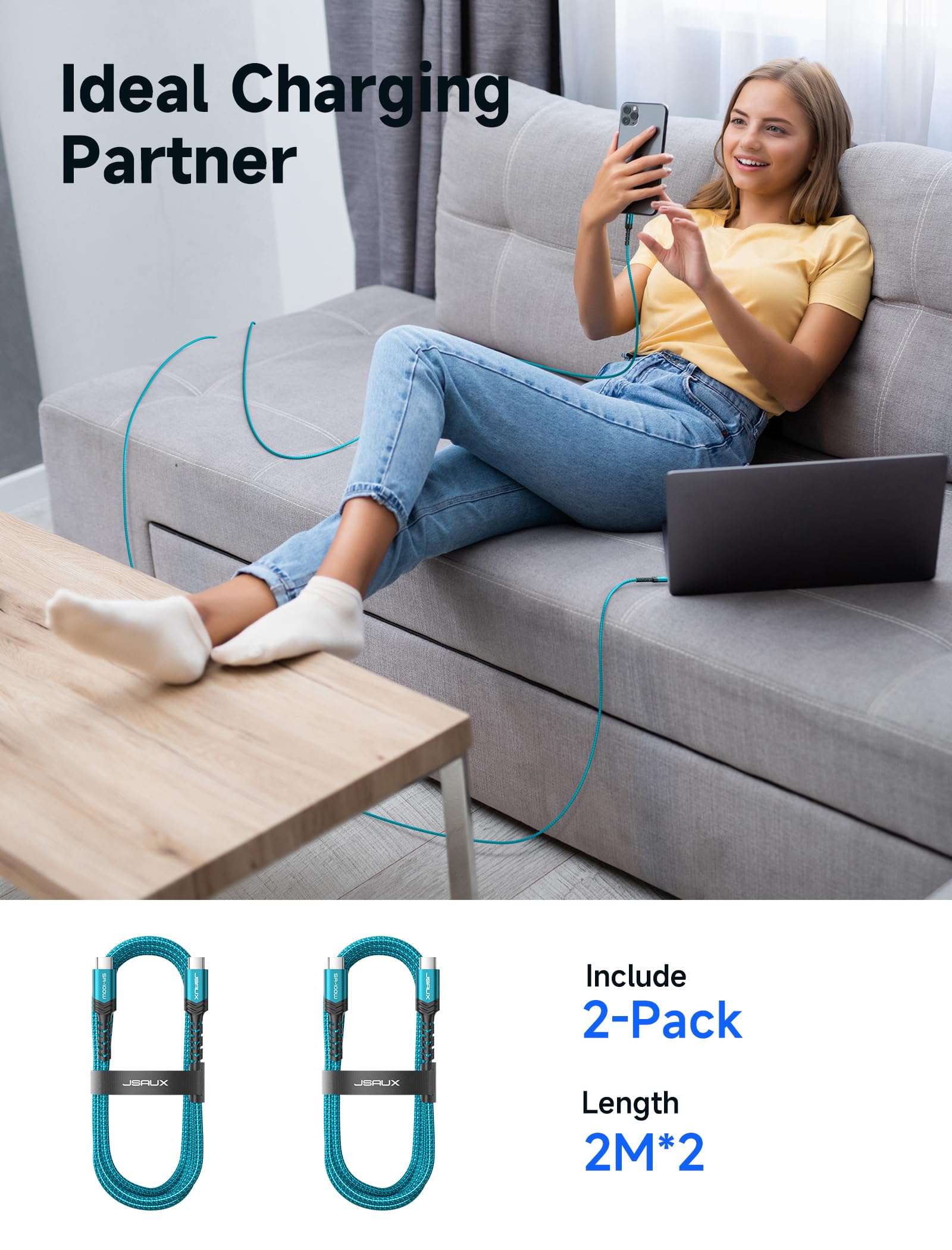 JSAUX USB C to USB C Charger Cable [2-Pack 2M], 100W/5A Type-C Fast Charging Lead Compatible for iPhone 15 Pro Max Samsung Galaxy S24 S23 Ultra A54 Pixel iPad Pro MacBook Air PS5 Steam Deck Green