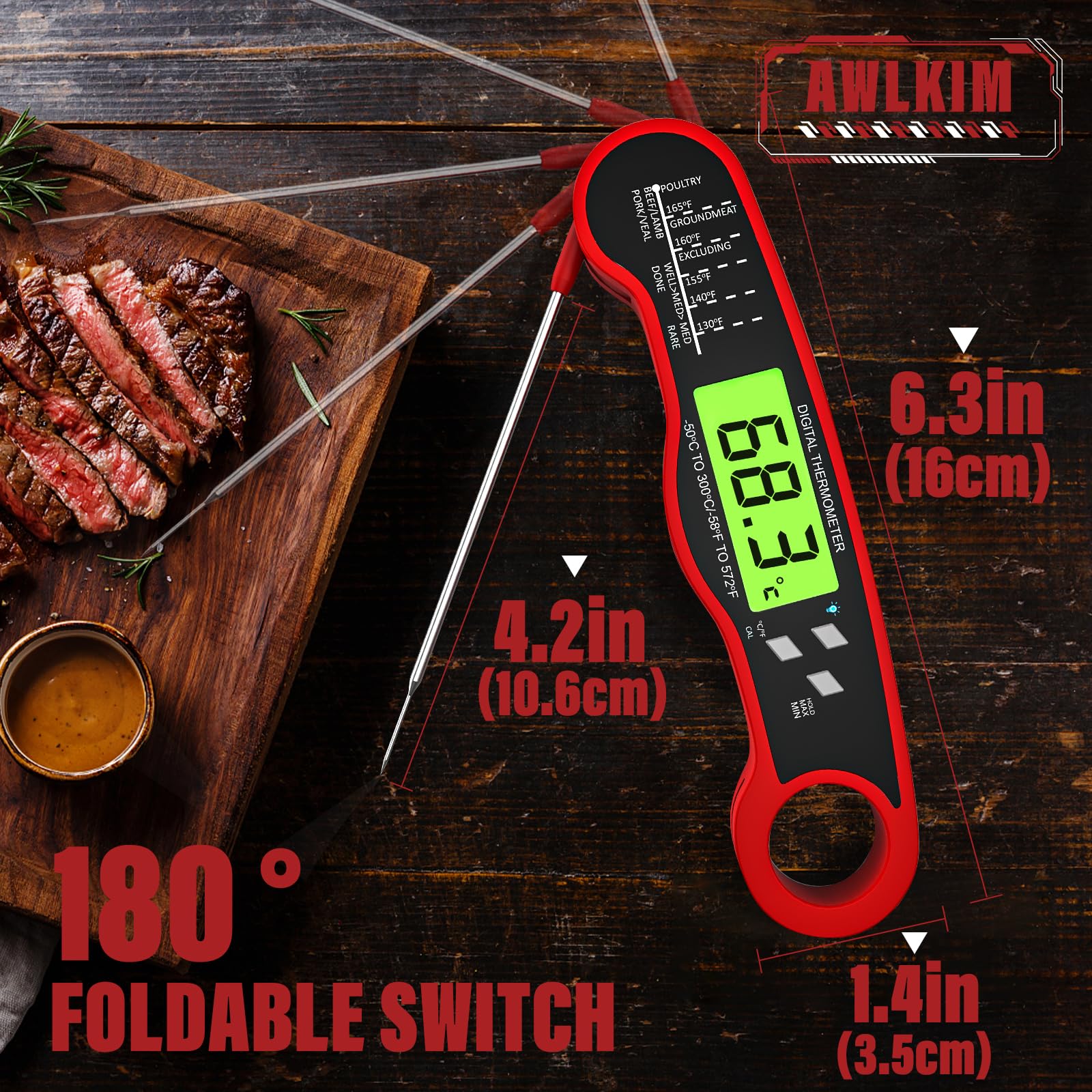 AWLKIM Digital Meat Thermometer Probe - Fast Instant Read Food Thermometer for Cooking, Candy Making, Outside Grill, Waterproof Kitchen Thermometer with Backlight & Hold Function