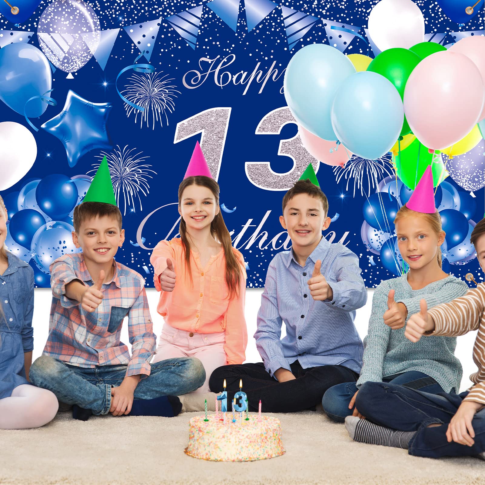 Pinenuts Happy 13th Birthday Backdrop Banner Blue 13th Birthday Decorations for Boys Girls, Large Fabric Birthday Photo Background Birthday Sign Poster, 3.6 x 6.1 ft