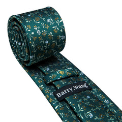 Barry.Wang Man Green Floral Necktie Set Silk Woven Solid Fashion Handkerchief Cuff Links Business Ceremony