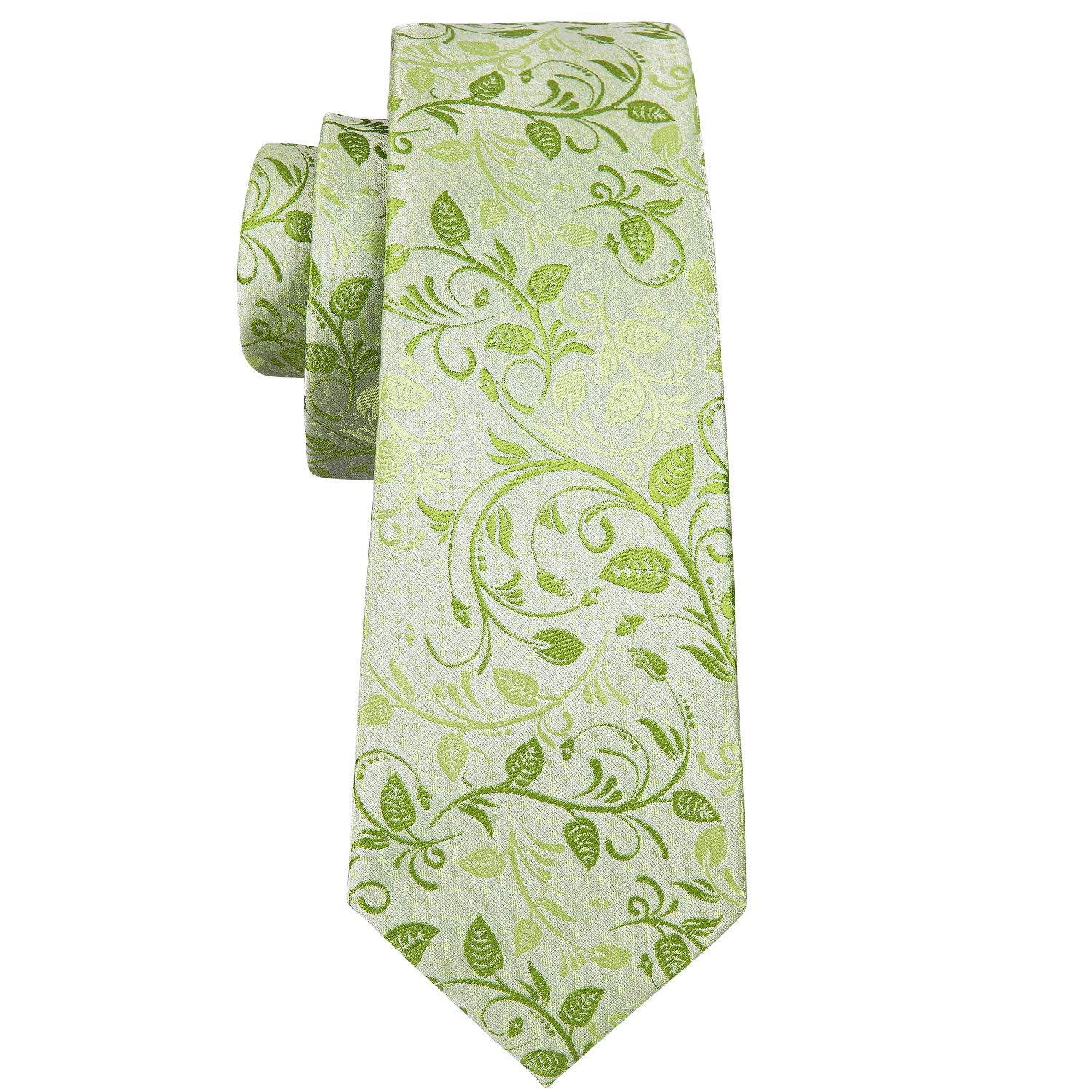 Hi-Tie Light Green Paisley Flower Ties for Men Silk 4 PCS Woven Necktie Lapel Pin Pocket Square Link Cuffs Set Wedding