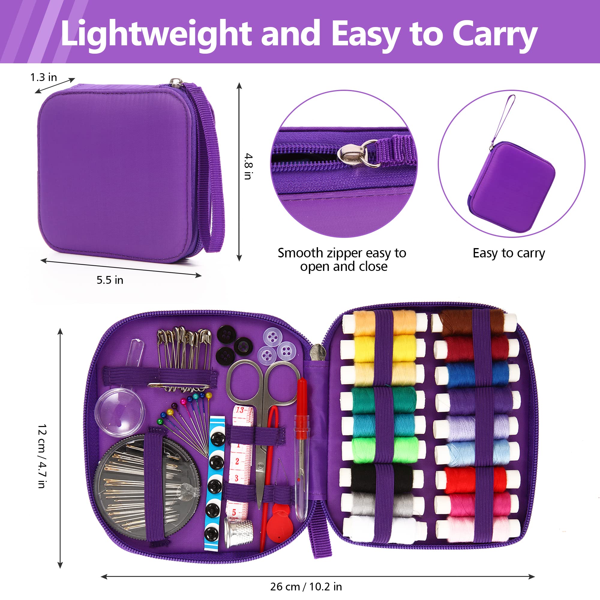 Sewing Kit, AUERVO Mini Sewing Kits 86PCS Thread and Needles Set for Adults, DIY,Home, Travel & Emergency with Compact Small Purple Zipper Case