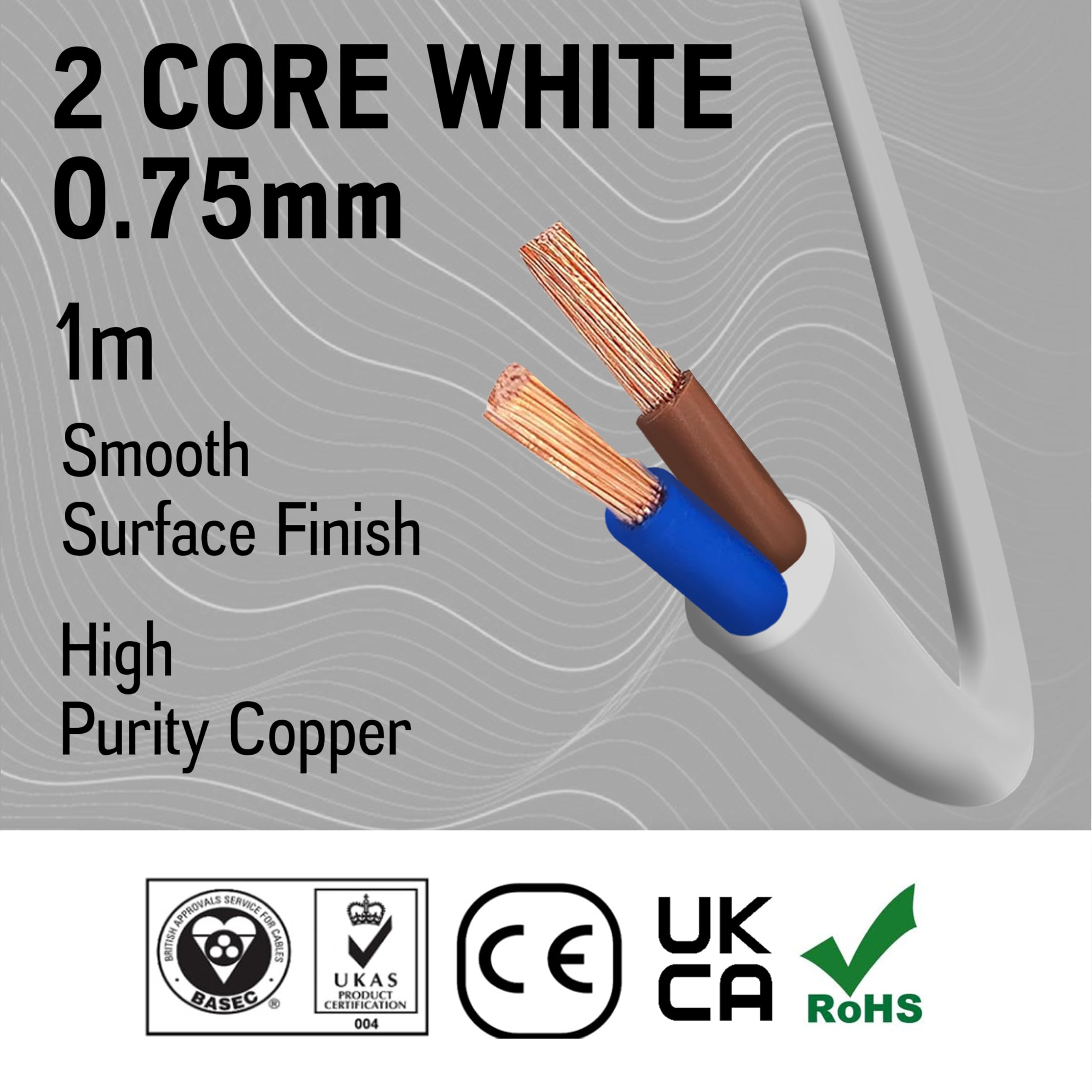 Primes DIY 2 Core Round White Flex Flexible Cable, stranded electrical copper wire, Insulated Flexible PVC Wire, Stranded Wire High Temperature Resistance, 3182Y BASEC Approved 0.75mm(1 Meter)