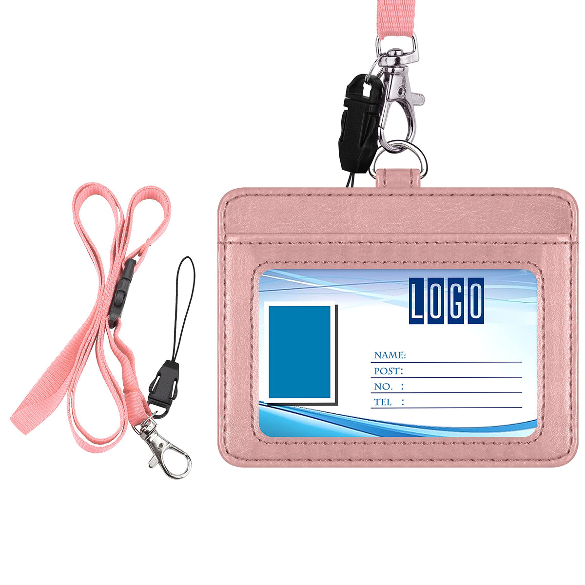 Wisdompro 2-Sided PU Leather ID Badge Holder with 1 ID Window and 1 Card Slot and 1 Piece 22 Inch Polyester Detachable Neck Lanyard Strap （Holds 3 to 4 Cards）- Rose Gold (Horizontal)