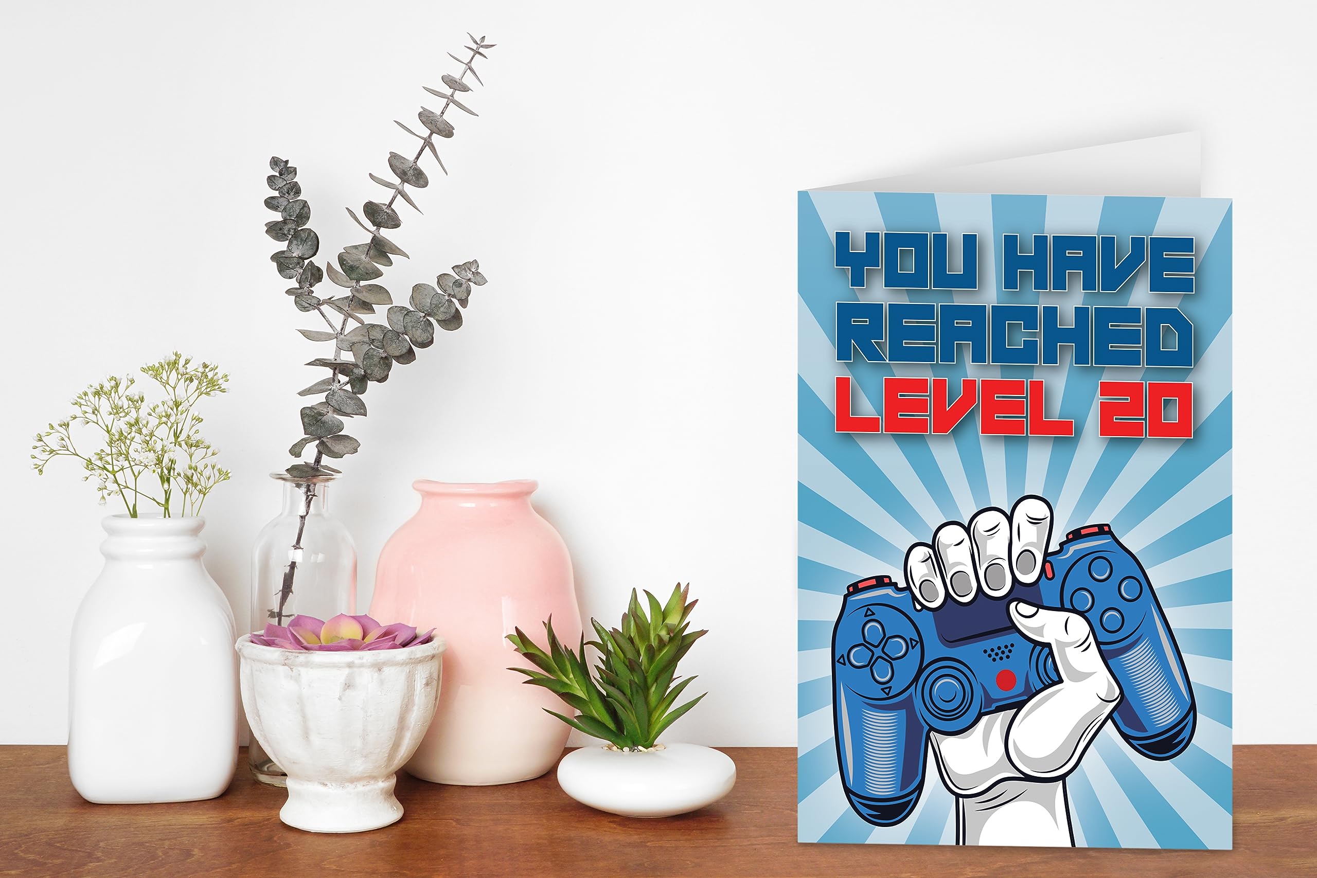 20th Birthday Card, You Have Reached Level 20, Greeting Card for Twenty Year Old Gamer Boys or Girls, Birthday Gift for Adult Son or Daughter, Grandson Granddaughter, Blue