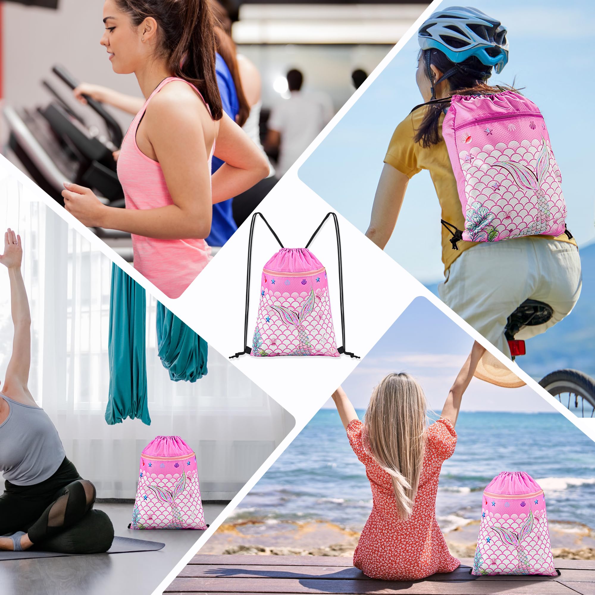 CHEPULA Gym Drawstring Backpack,Sports Gym PE Bag Waterproof Swimming Beach Backpack with Zippered Pocket Mermaid Red