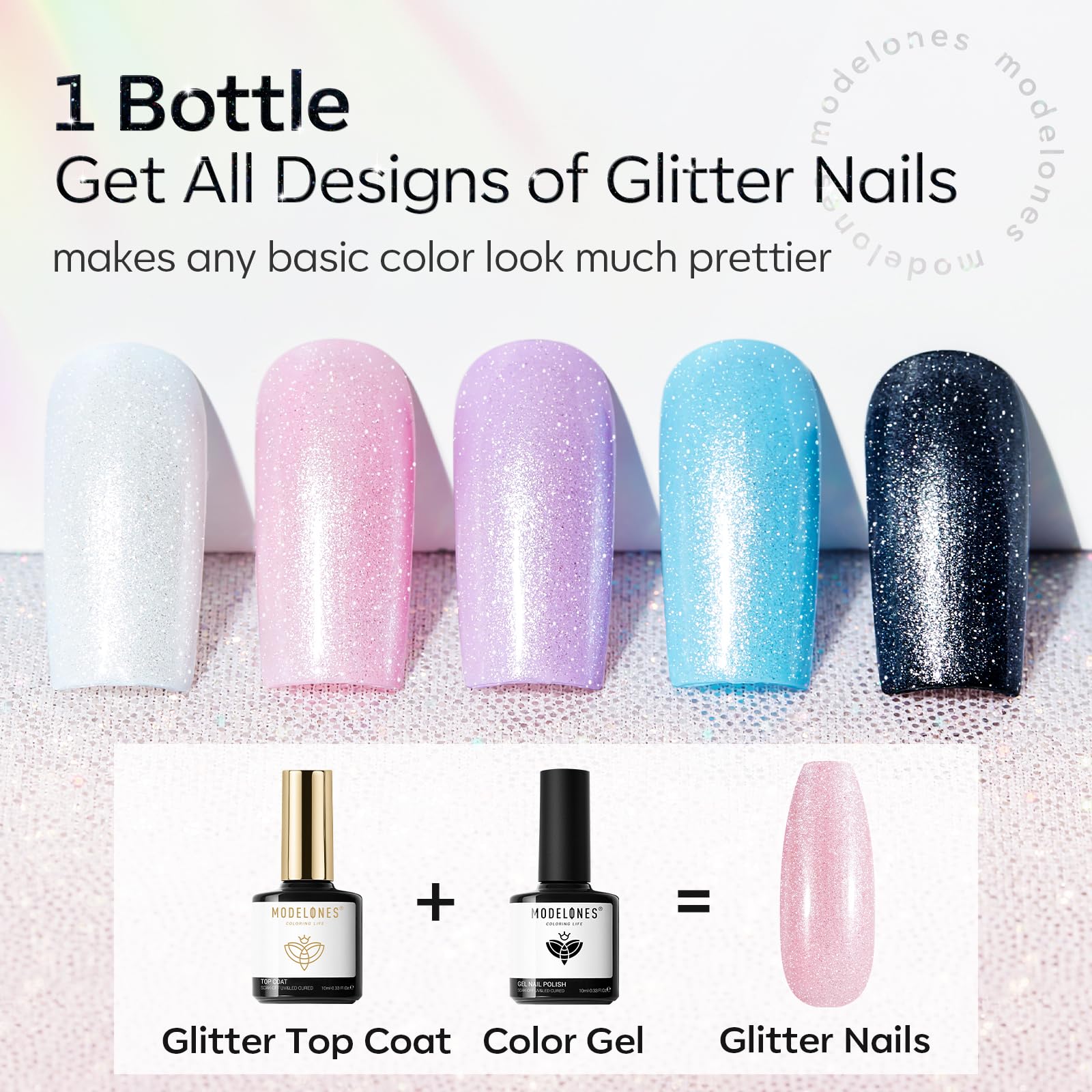 Modelones Glitter Gel Top Coat, Micro Aurora Glitter Gel Polish No Wipe Clear Top Coat Glossy Sparkly Finish Long Lasting Soak Off Rainbow Shimmer Glitter Gel Nail Polish Nail Art Manicure, 10ml