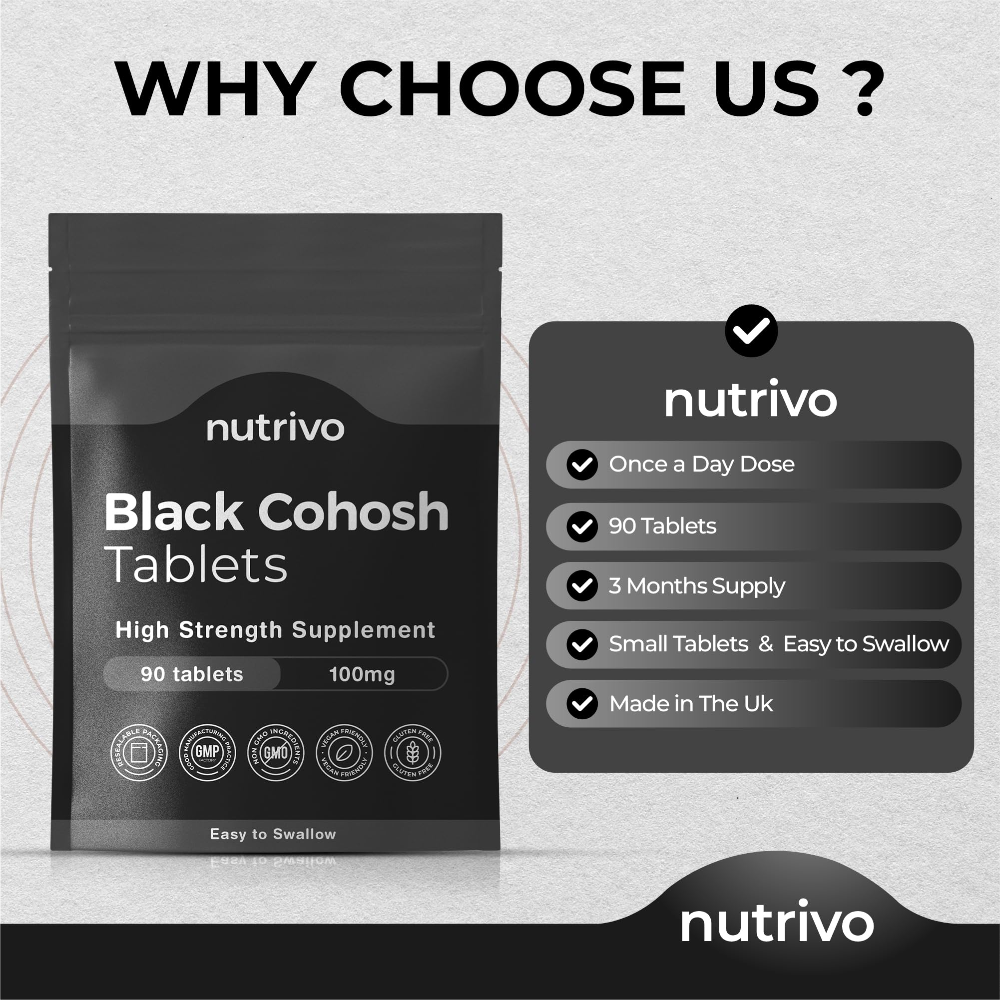 Nutrivo Black Cohosh   100mg - 90 Tablets   3 Month’s Supply   High Strength Tablets   Good Alternative to Capsules