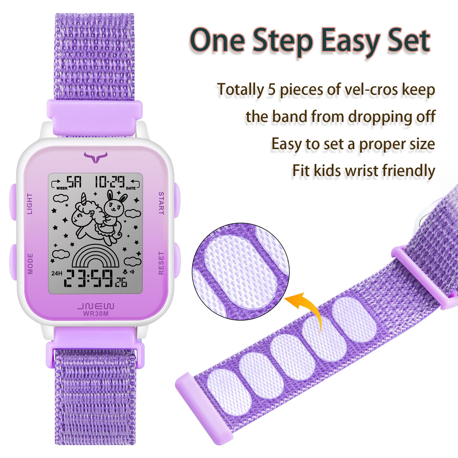 Venhoo Kids Digital Watch Outdoor Sport Woven Nylon Strap 7 Colorful LED Electrical Wrist Watches with Alarm Luminous Stopwatch for Little Girls Child-Purple Unicorn