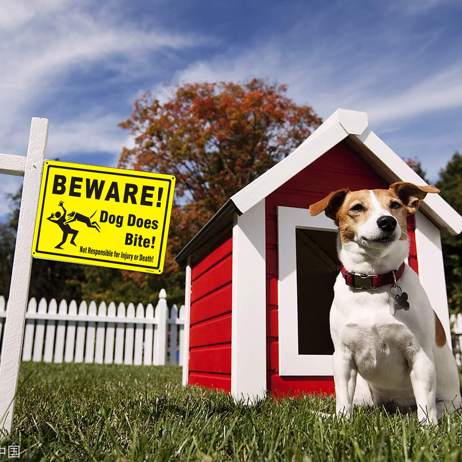 Goodvia Beware of Dog Sign, Warning Bites Sign Aluminum Metal Signs for Fence Funny Yellow, UV Resistant, Fade Reflective, Weather Easy to Mount, 8x12inch/1pcs