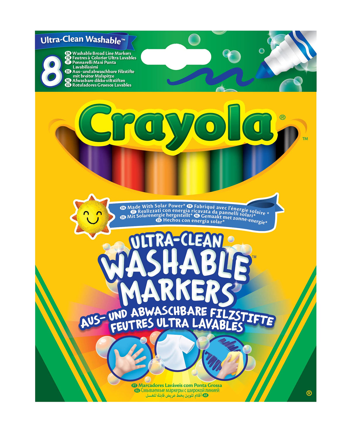 CRAYOLA Ultra-Clean Washable Markers - Assorted Colours (Pack of 8)   Premium Broadline That Can Easily Wash Off Skin, Clothing & Walls Ideal for Kids Aged 3and