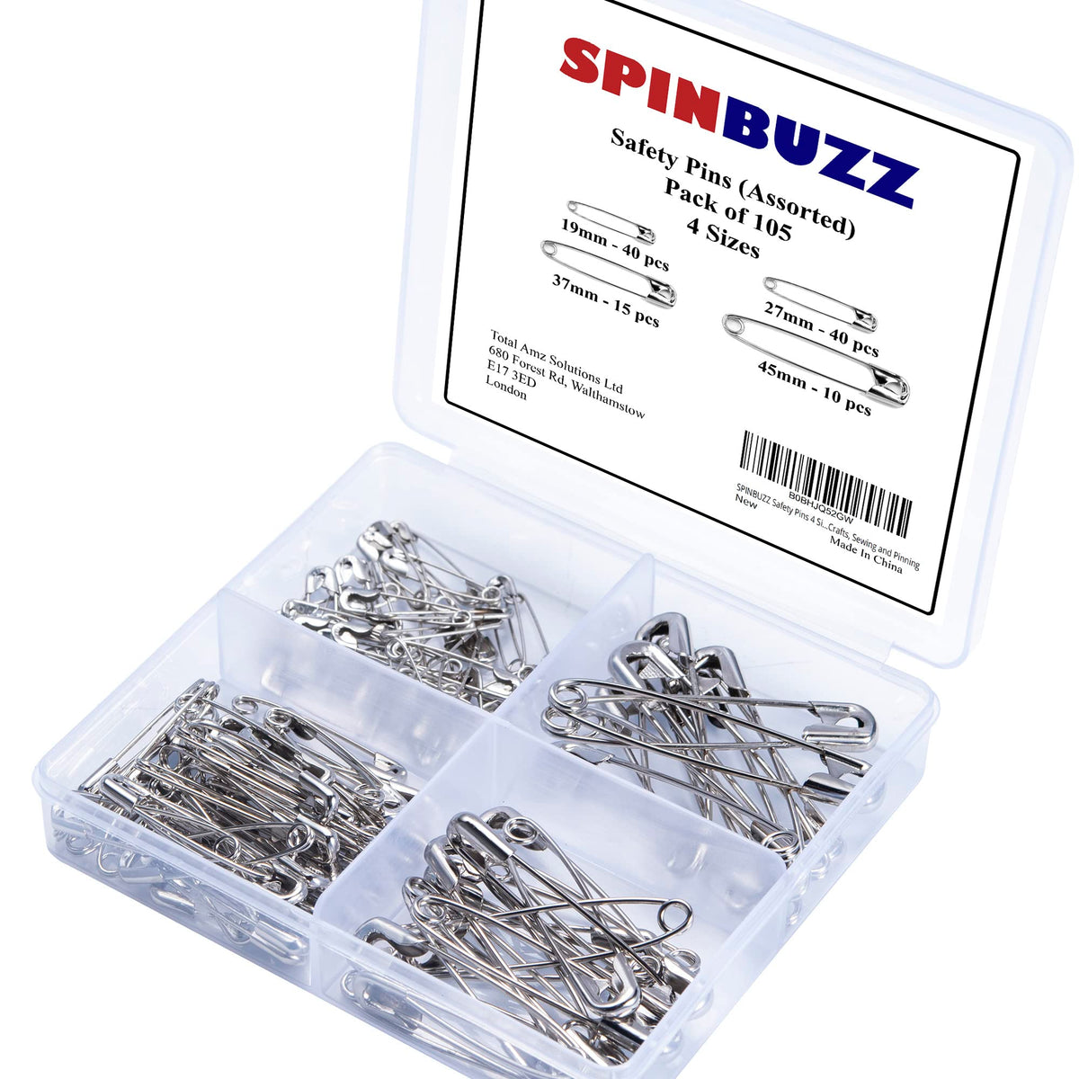 SPINBUZZ Safety Pins 4 Sizes Pack of 105 Nickle Plated Rust Resistant Steel Heavy Duty Quality Pins For Clothing, Arts & Crafts, Sewing and Pinning