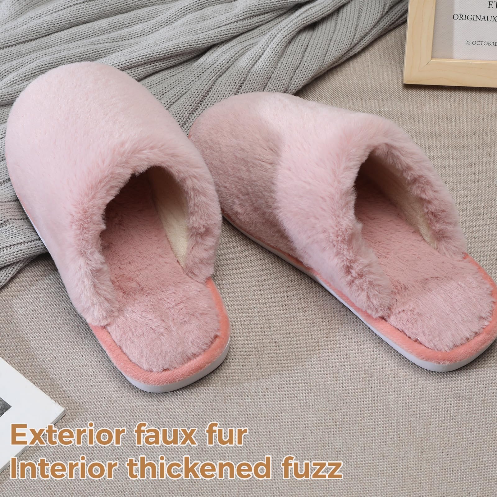 Fluffy Slippers Women,Memory Foam Ladies Slippers for House,Cosy Women's Slippers Faux Fur Lined,Anti-Slip Mens Womens Slippers Outdoor Shoes,Plush Home Slippers for Women,Winter Christmas Gifts