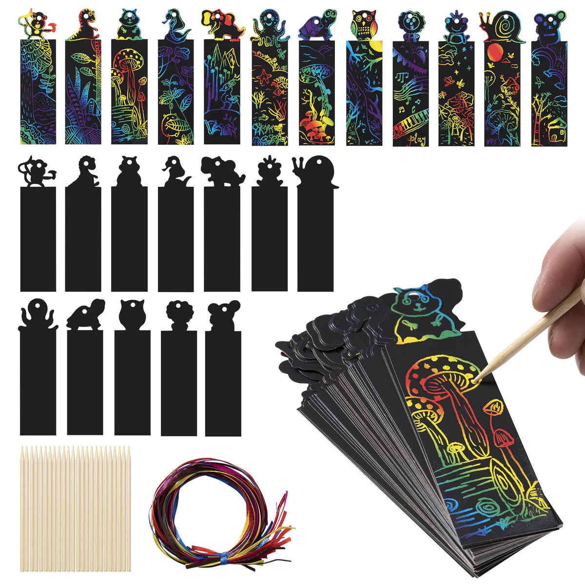 DoGeek 48 Pcs Animal Scratch Art Bookmarks for Kids Craft DIY Rainbow Scratch Gift Tags Magic Scratches Label Set with Colorful Ropes and Wooden Stylus for Party Bags Filler Gifts