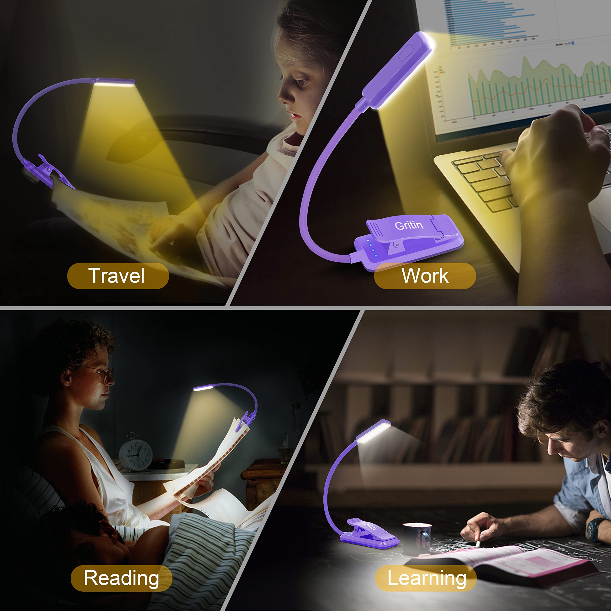 Gritin 9 LED Clip on Book Light, 3 Eye-Protecting Modes Flexible Reading Light Book Lamp (Warm&Cool White Light) -Stepless Dimming, Rechargeable, Long Battery Life, 4-Level Power Indicator -Purple