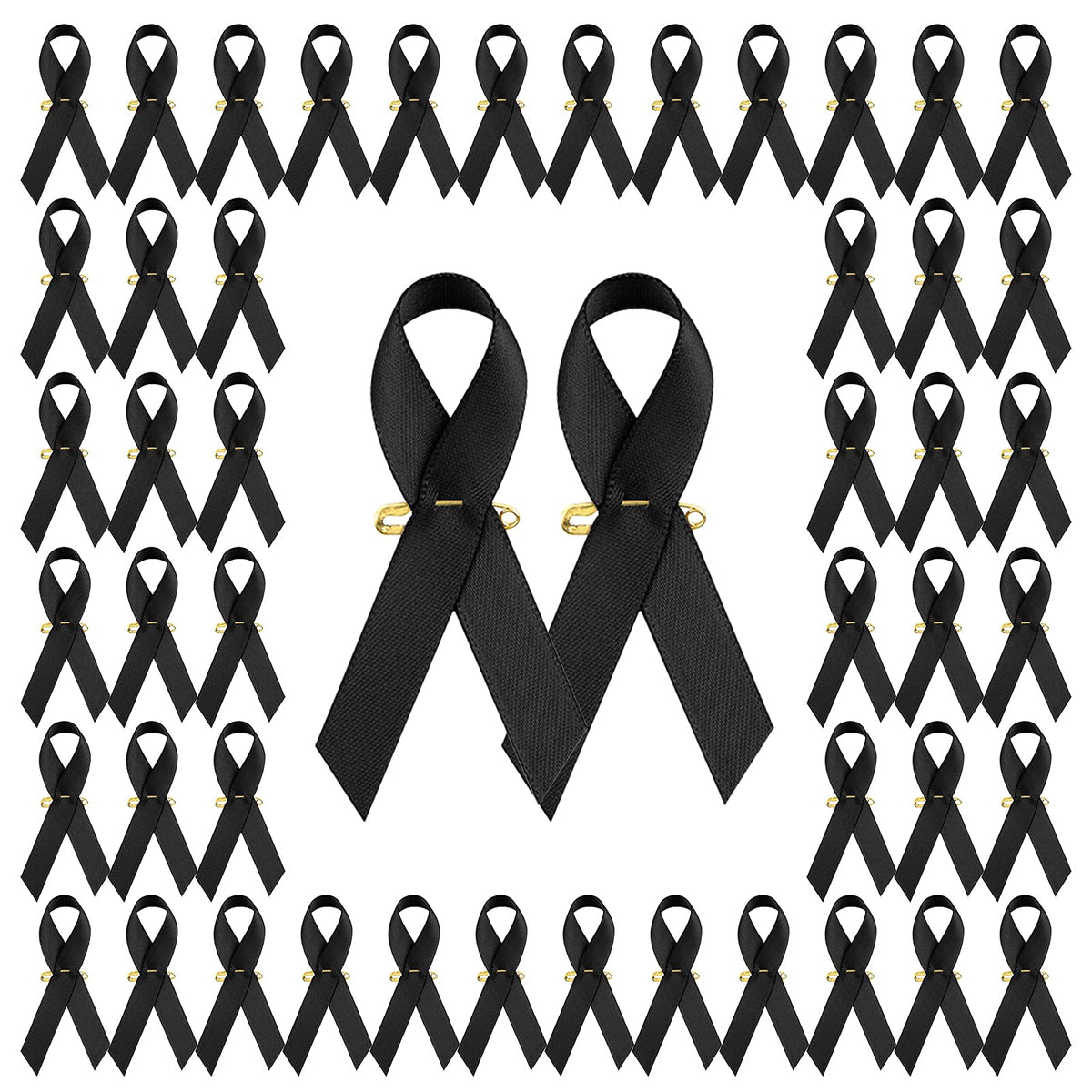 WANDIC Black Ribbon Satin Pins, 100 Pcs Black Brooches with Safety Pins, Classic Melanoma Awareness Pins Premium Ribbon Brooch Badges for Mourning Remembrance Day Gifts